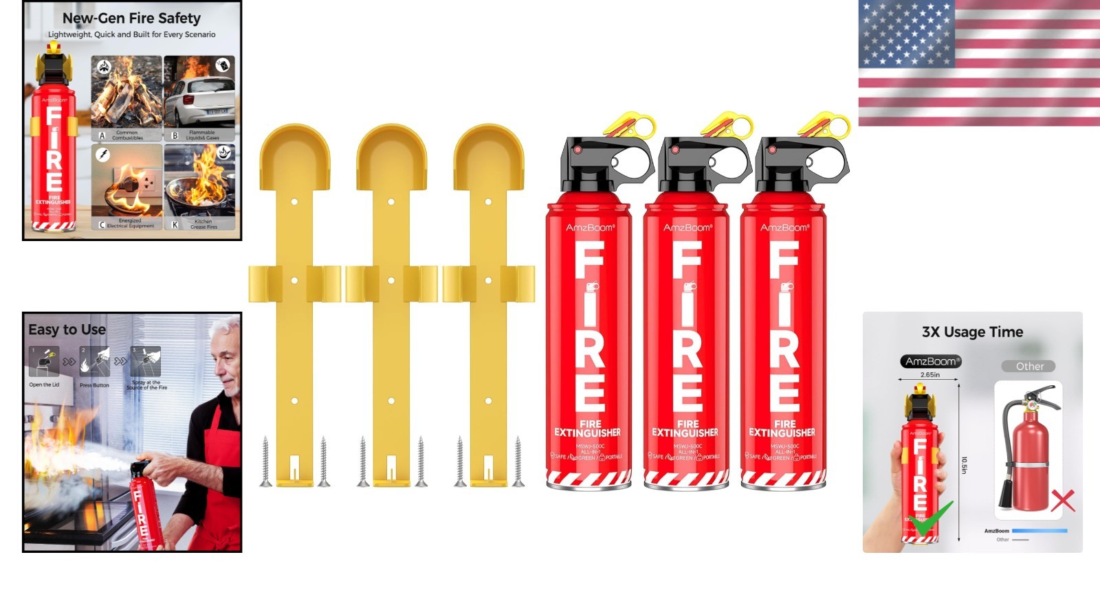 Lightweight Fire Extinguisher Set with Mounting Brackets – 3 Pack for All Fires