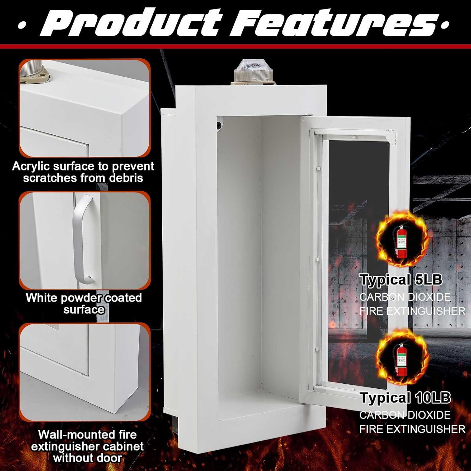 10Lb Recessed Fire Extinguisher Cabinet with Alarm, White Steel Wall-Mounted Saf