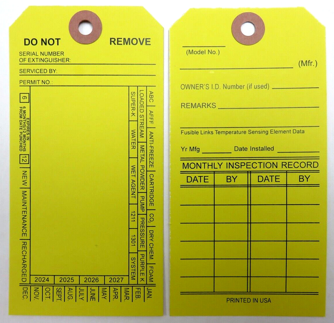 50-FIRE EXTINGUISHER 4-YEAR 2024-2027 INSPECTION Double Sided Tags 5 1/4″ X 2 ½”