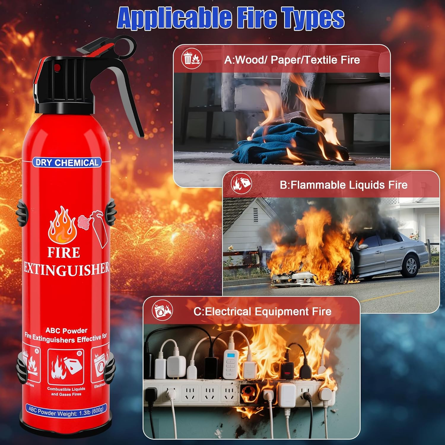 6 Pack ABC Dry Chemical Fire Extinguishers, Portable Dry Powder Fast-Acting Fire