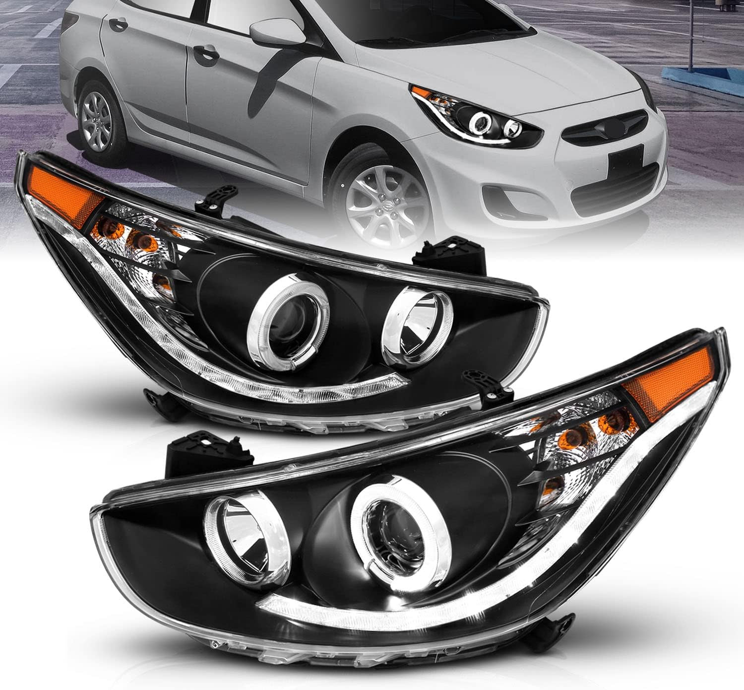 Black Projector Replacement Headlights LED Bar Halo Set for Hyundai Accent 4 Doo