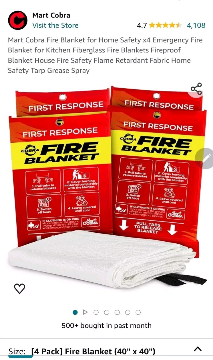 Mart COBRA. 4 PACK FIRST RESPONSE FIRE BLANKET. 100% Fiberglass (40”x40”)