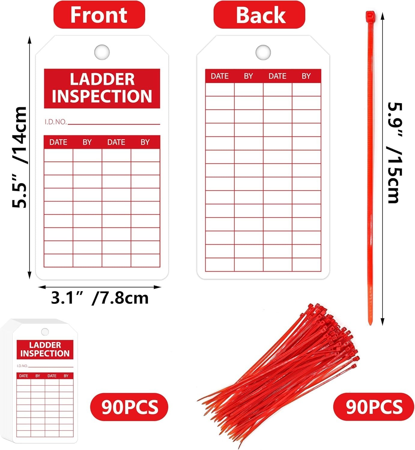90 Sets Ladder Safety Inspection Tags with Adjustable Zip Ties 5.51 X 3 Inch Acc