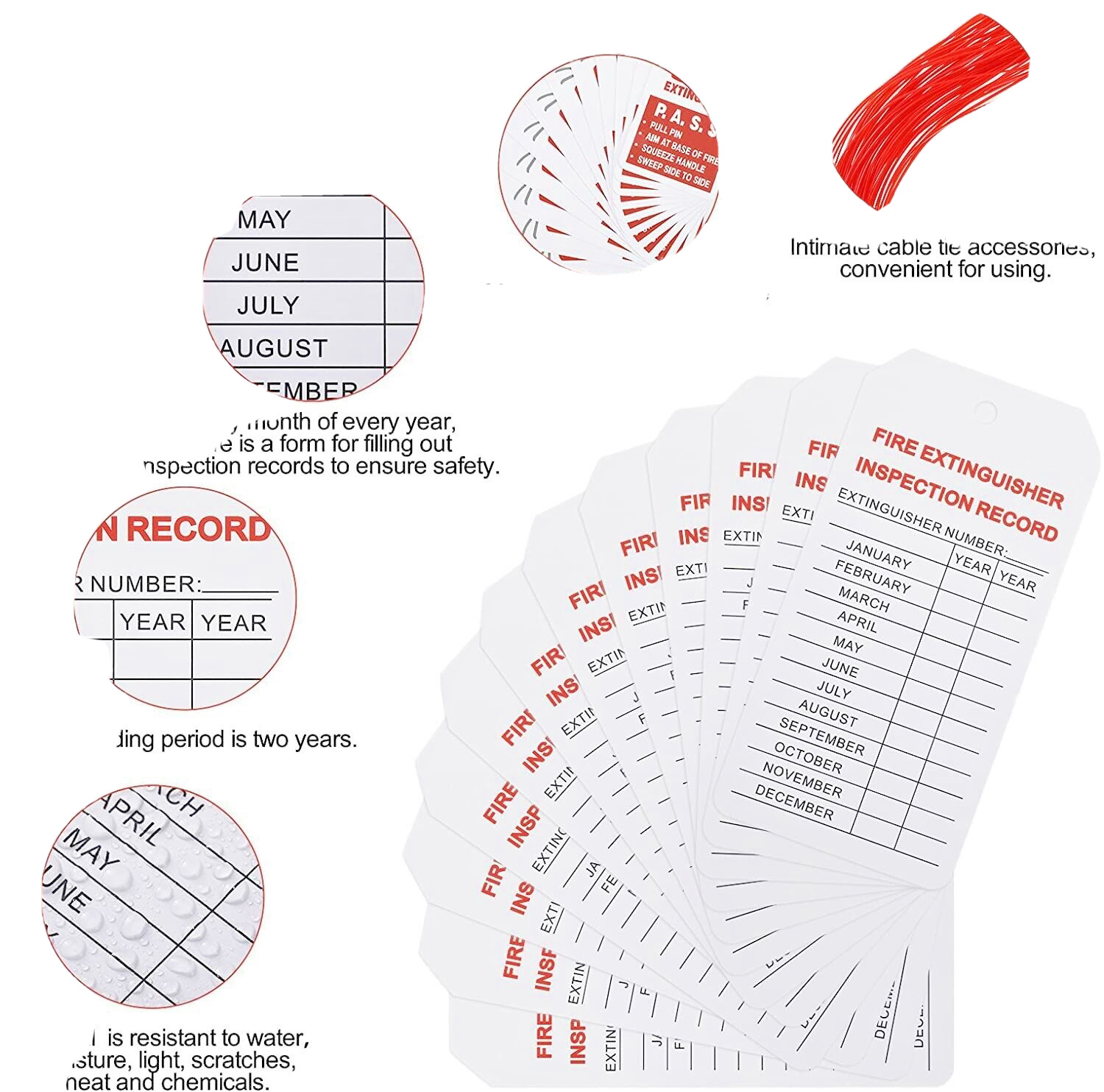 🔥🧯10-4″x 2″ Fire Extinguisher Inspection Tags H.D.-Double Sided W/ZIP-TIES