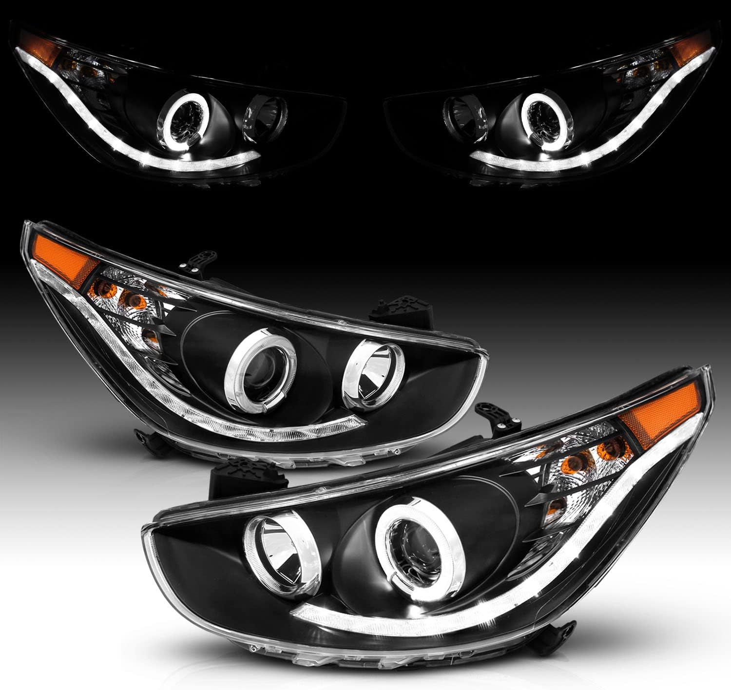 Black Projector Replacement Headlights LED Bar Halo Set for Hyundai Accent 4 Doo