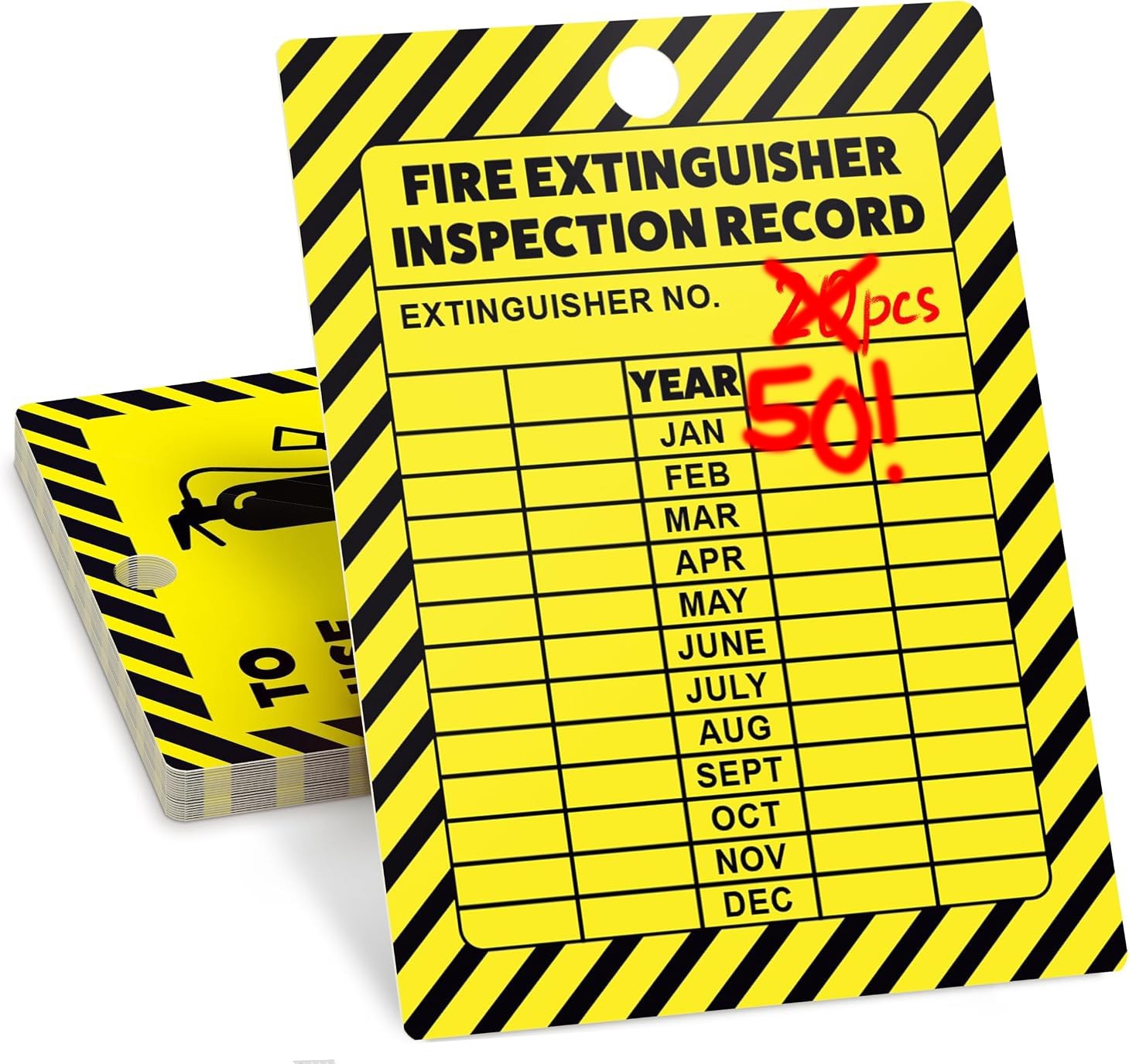 50 Fire Extinguisher Inspection Tags 2026-2029 Plastic 2.25″ x 3″ Yellow/Black