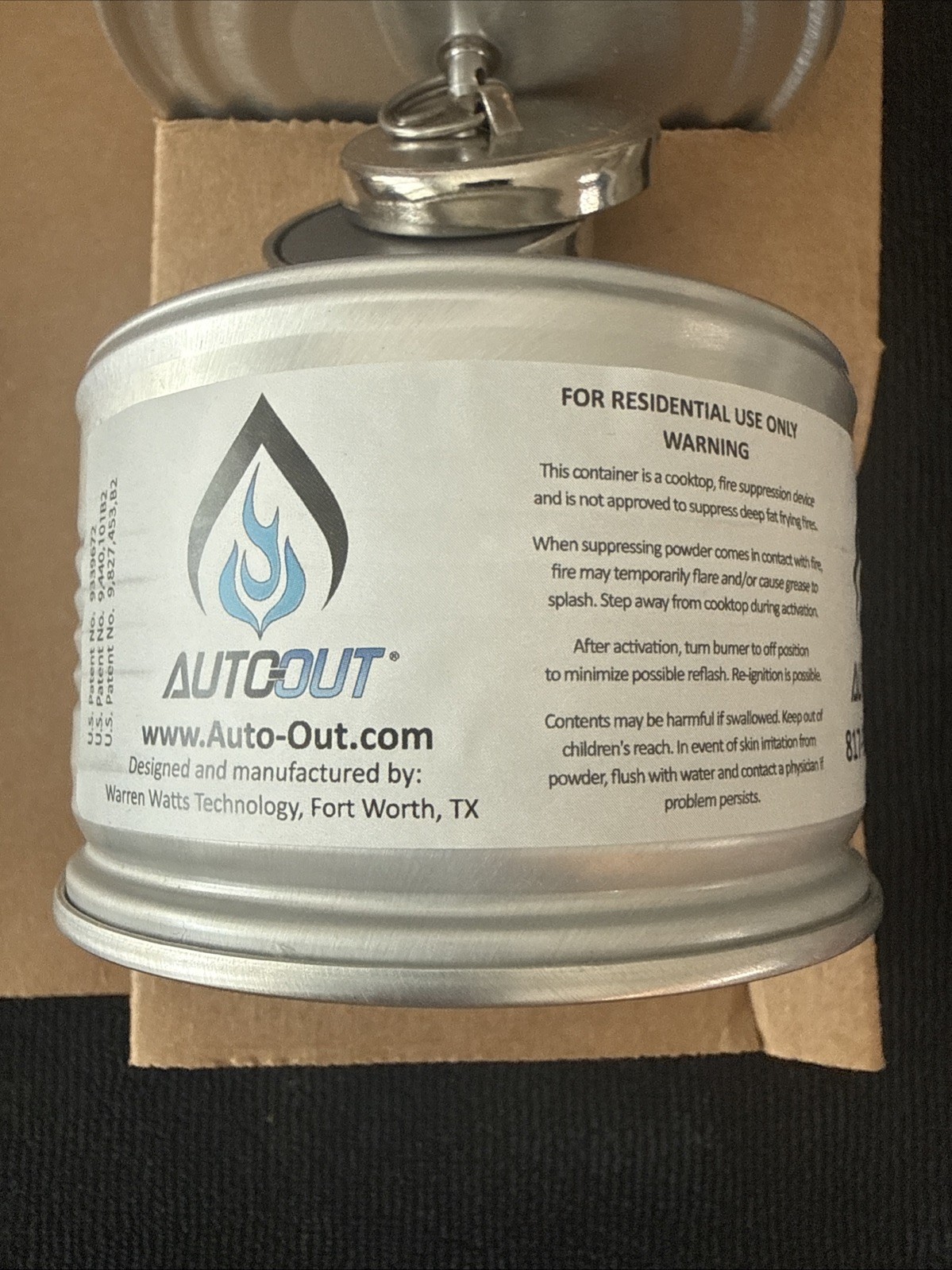 Auto-Out Cooktop Fire Suppressor Vent Hood Device Warren Watts NEW