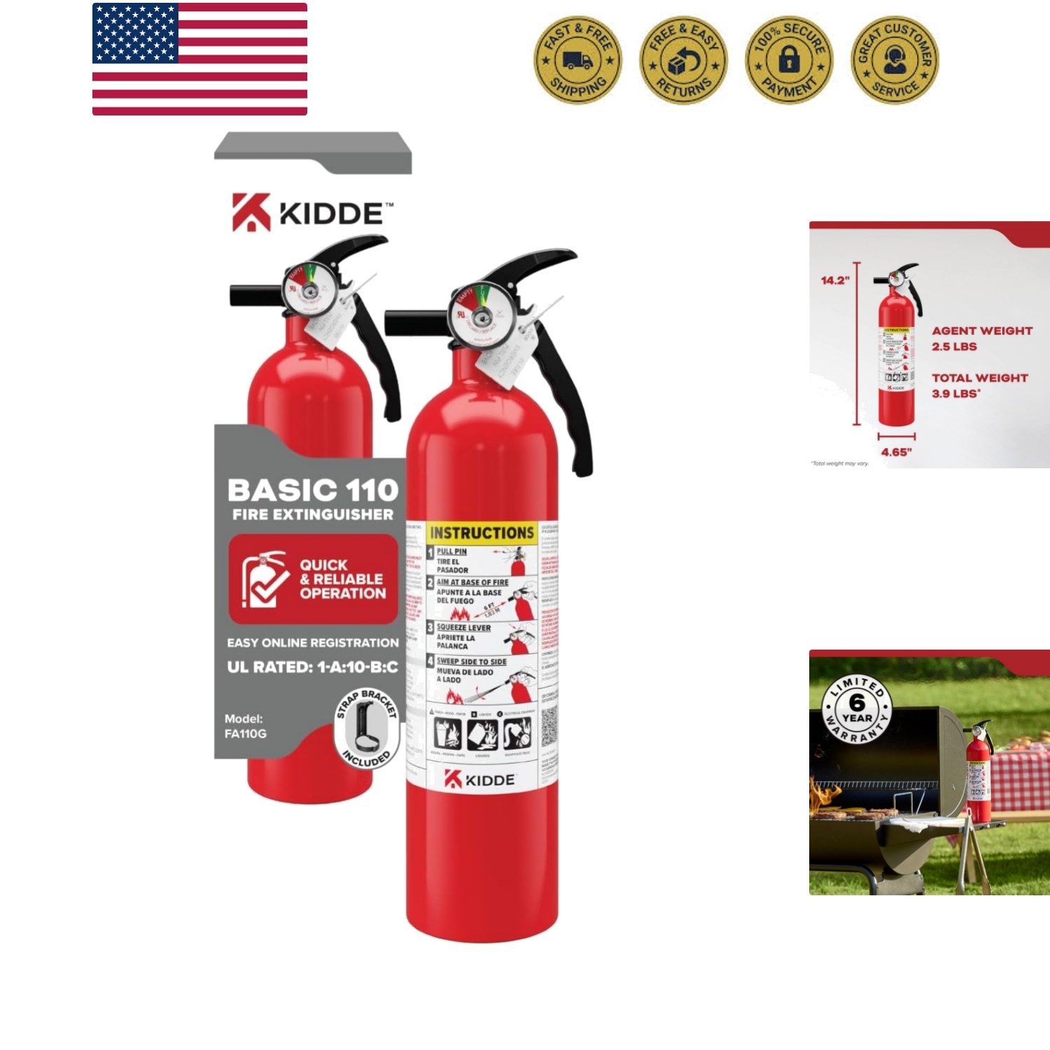FA110G Multi Purpose Fire Extinguisher, Wall Mount, for Home/Office/Dorm/Resi…