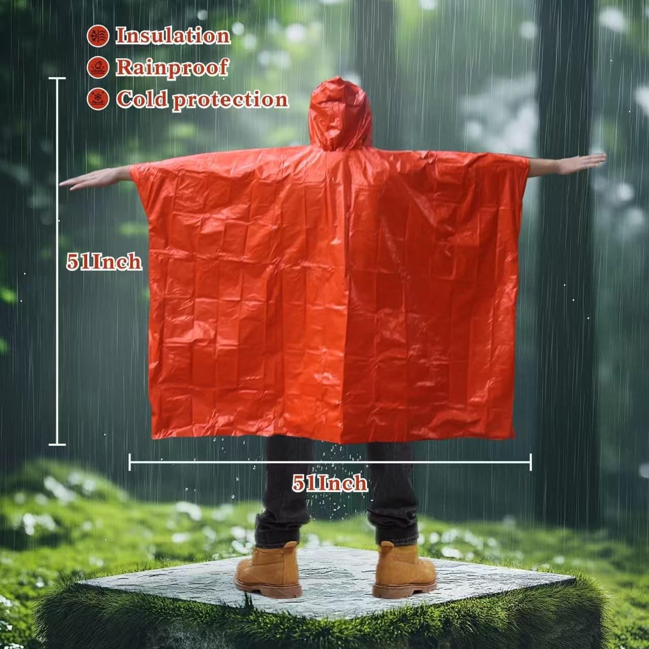 4-Pack Emergency Poncho Orange/Reflective Silver, Reversible Hood Windproof R…