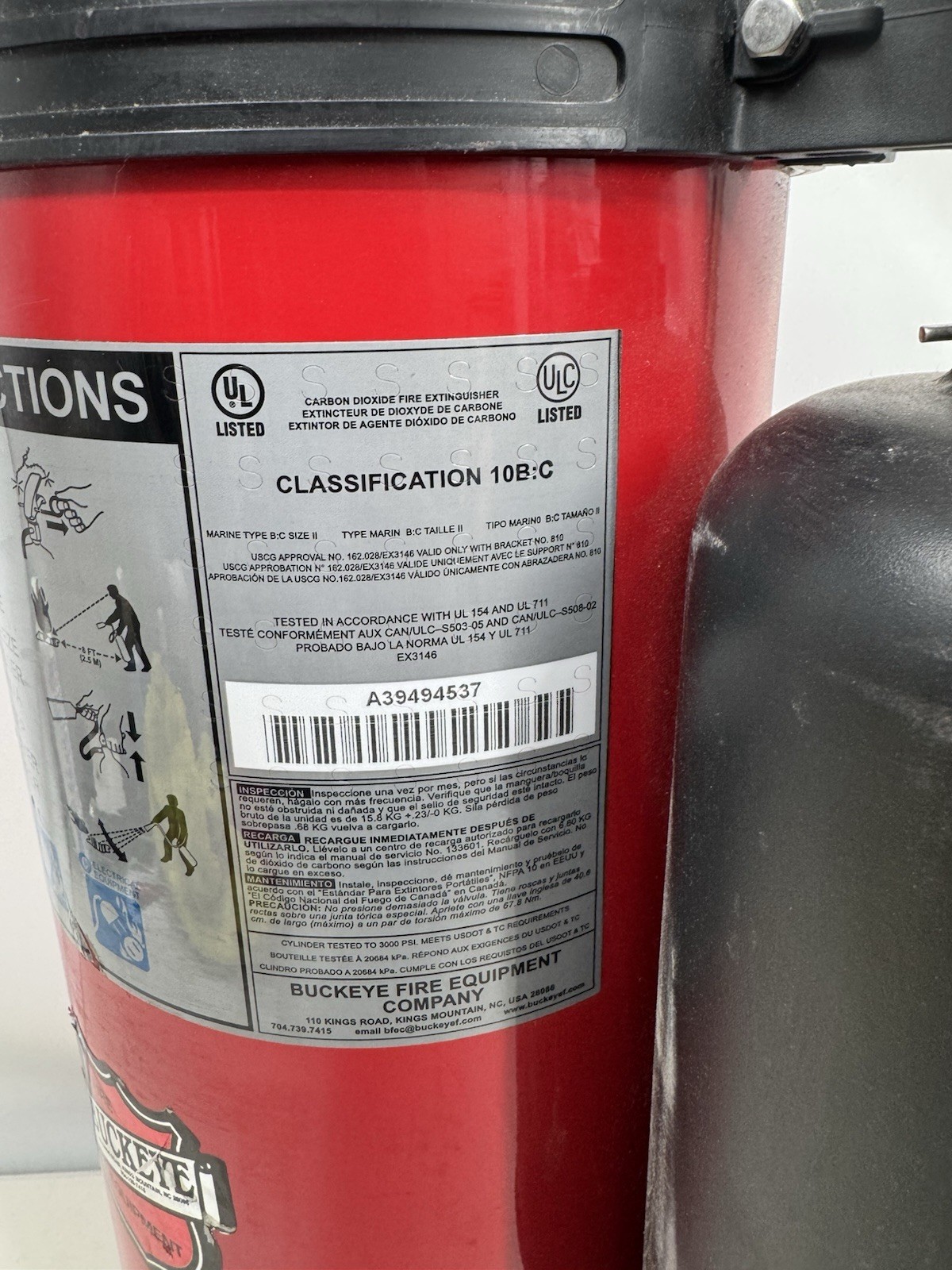 Buckeye Fire Equipment 461 Fire Extinguisher 15 Lb C02 Class 10Bc Ul 2017