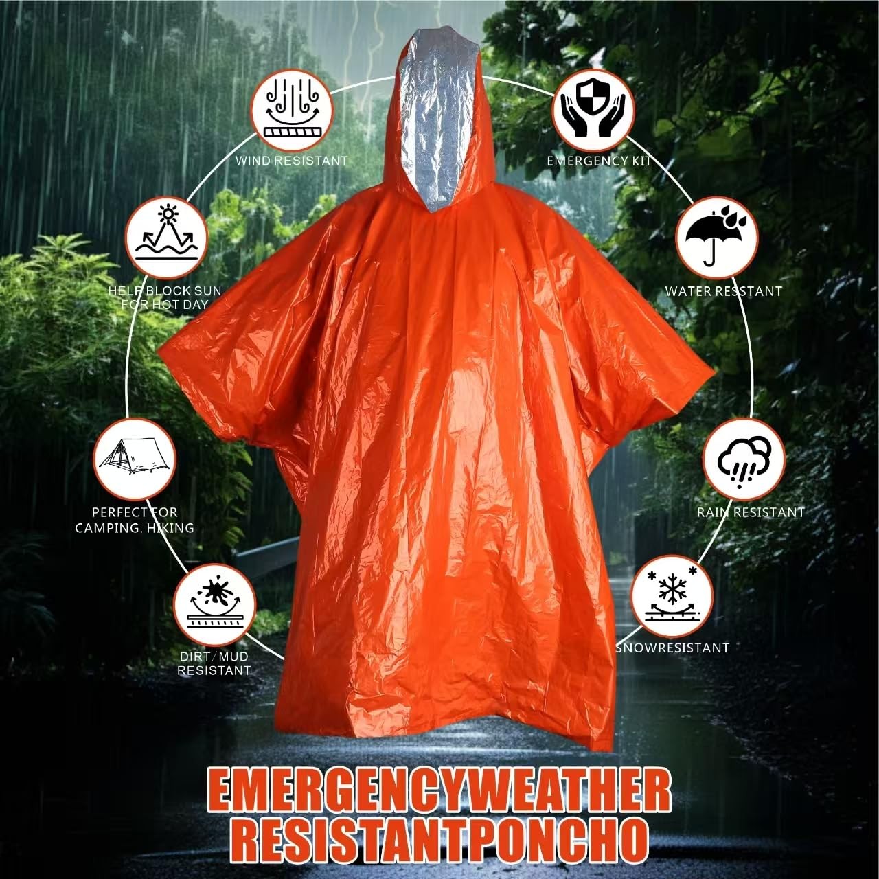 4-Pack Emergency Poncho Orange/Reflective Silver, Reversible Hood Windproof R…