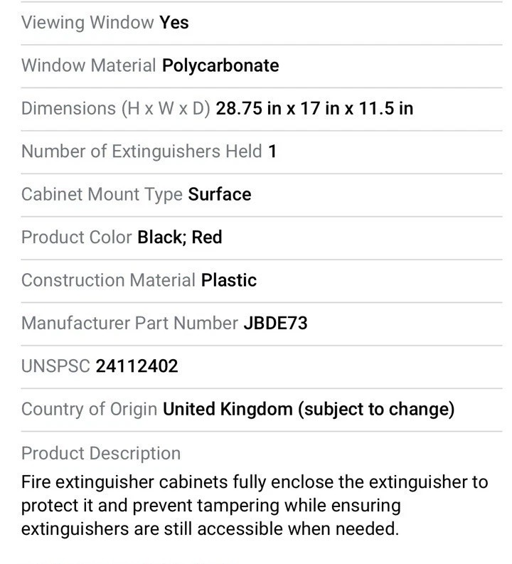 Jonesco JBDE73 Fire Extinguisher Cabinet, For 30 lb Tank, Surface Mount, Plastic