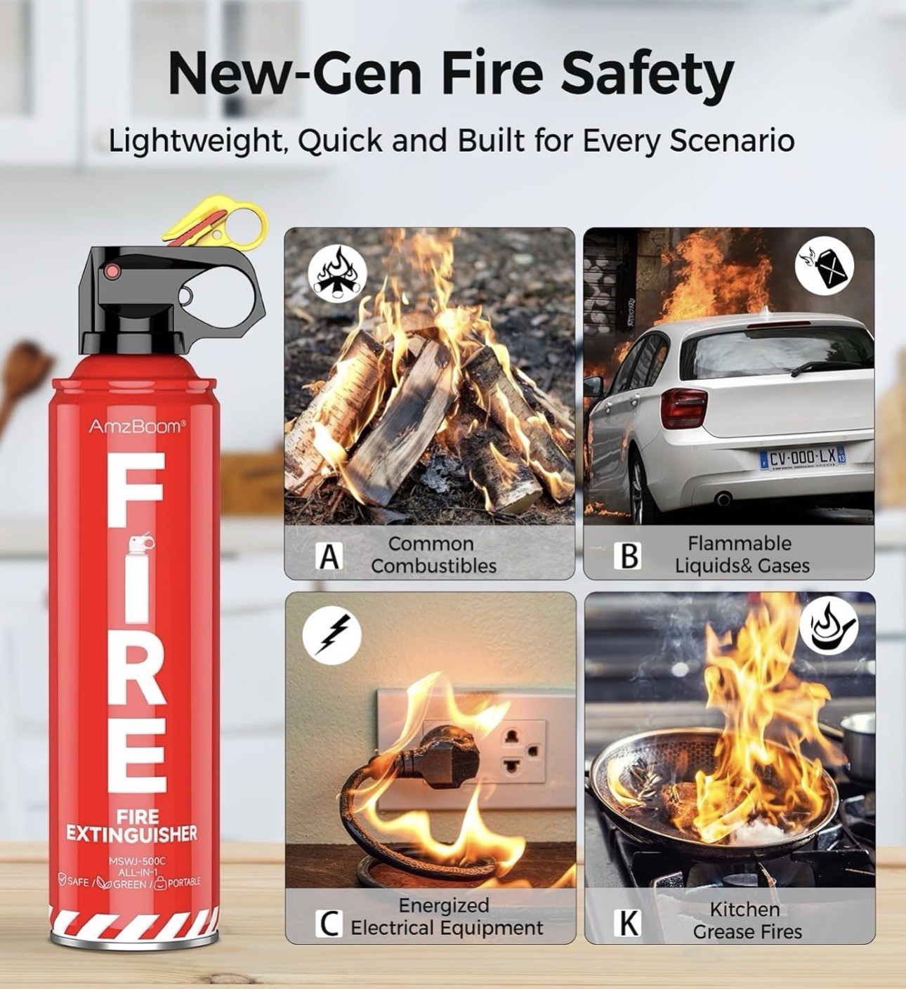 AmzBoom 2-Pack Fire Extinguisher for Home, Kitchen, Car, and Grill with Mount