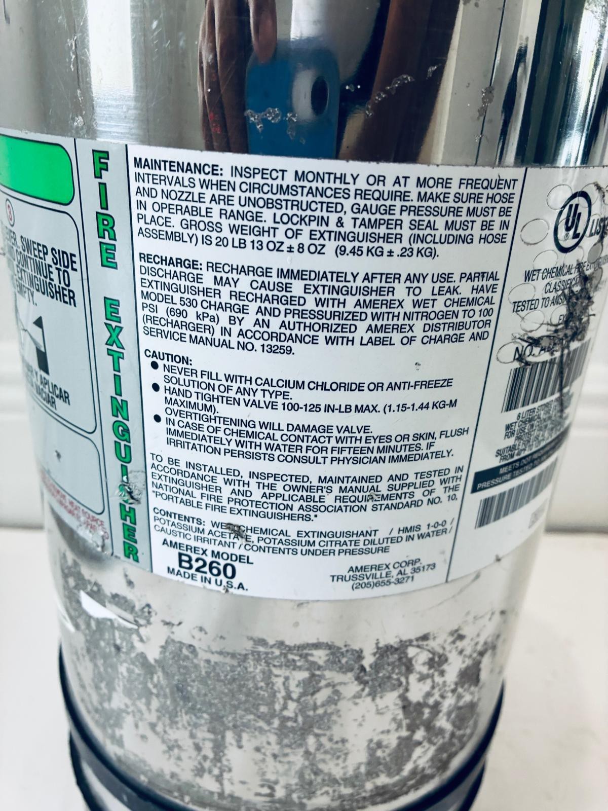 Amerex B260, 6 Liter Wet Chemical Class A K Fire Extinguisher Kitchen Restaurant