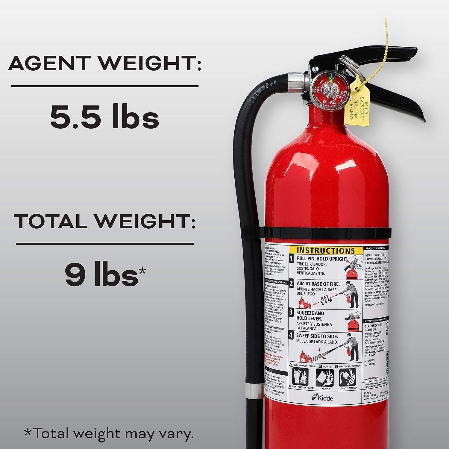 Kidde Fire Extinguisher for Commercial Use, 3A40BC 9 Lbs Refillable Pro340