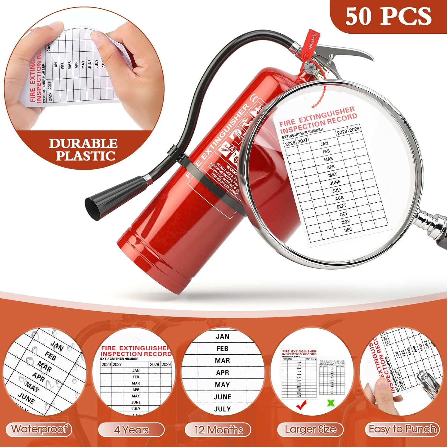 101 Pieces Monthly Fire Extinguisher Inspection Tags 2026 to 2029 Plastic Mainte
