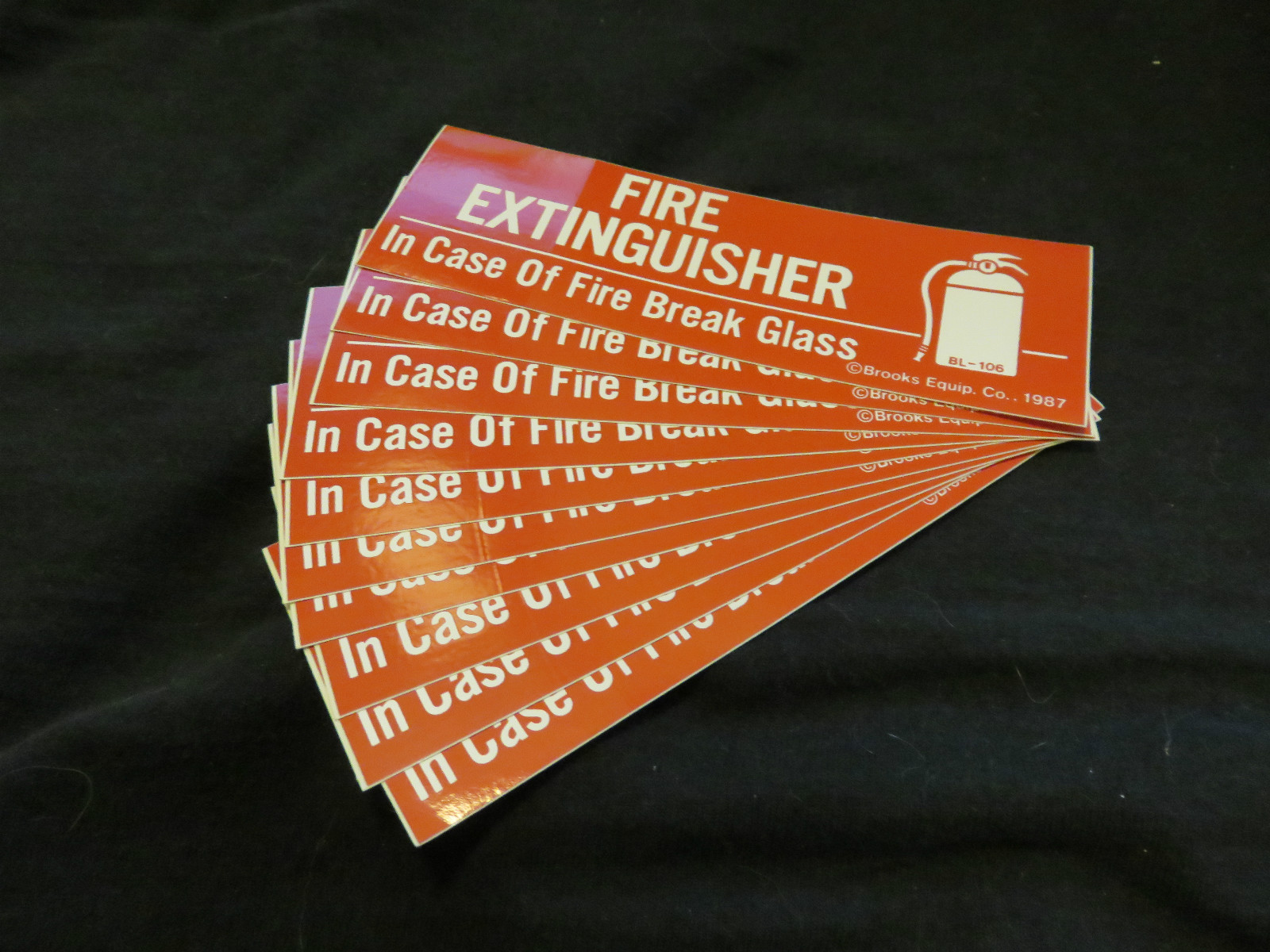LOT OF 10-“FIRE EXTINGUISHER in Case Of Fire Break Glass” VINYL ADHISIVE SIGNS