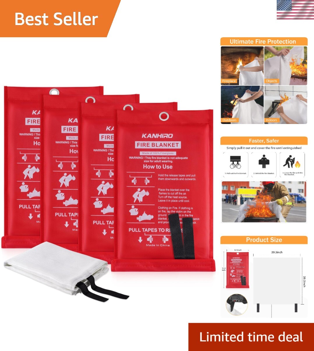 Lightweight Fire Suppression Blanket – 4 Pack, 39″ x 39″ Waterproof Fiberglass