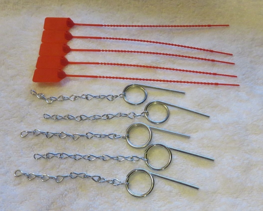 🔥🧯5-Fire Extinguisher Safety Pull Pin & Chain W/10-Tamper Proof Flag Seals-RED