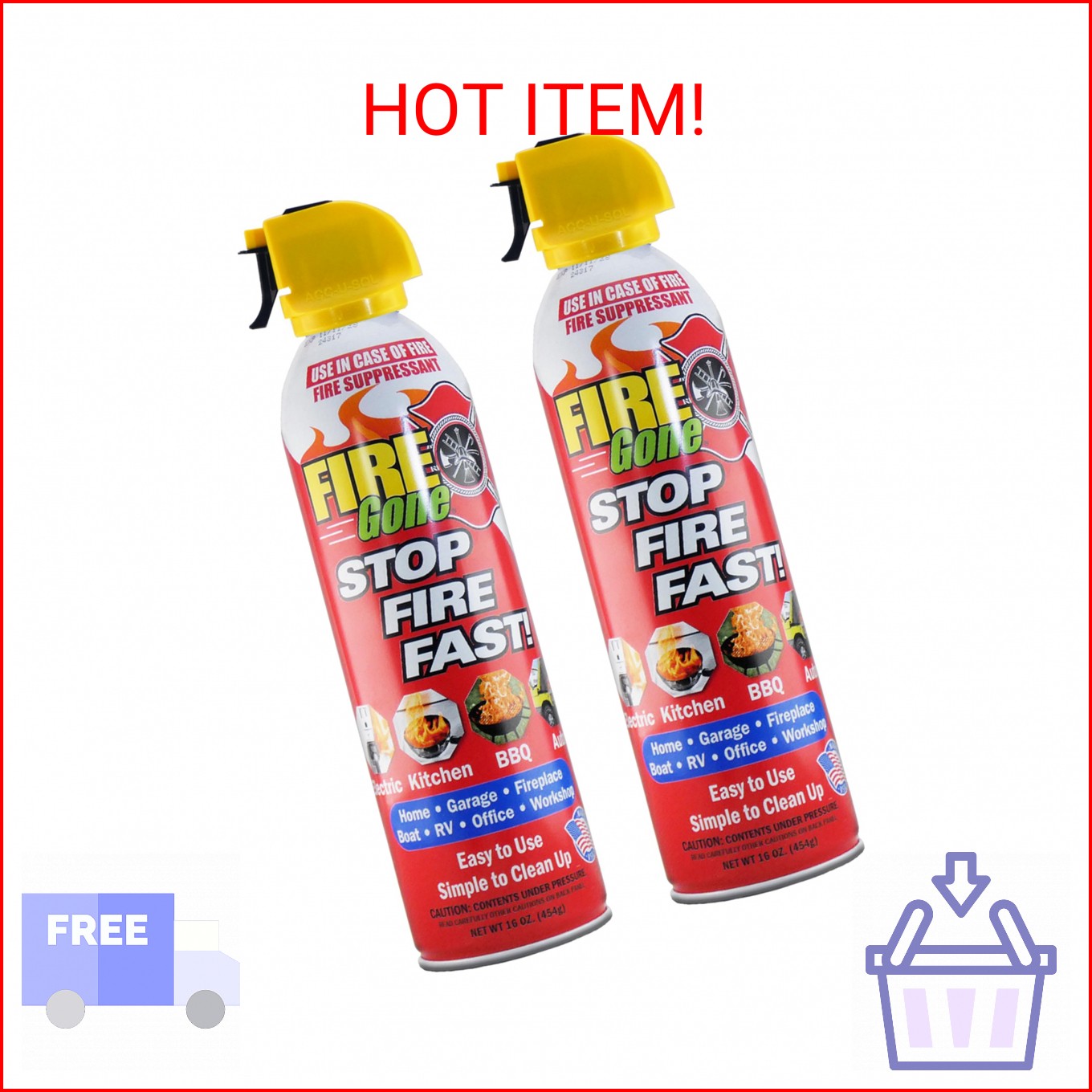 Fire Gone 2NBFG2704 White/Red Fire Suppressant Canisters – 16 Ounce, (Pack of 2