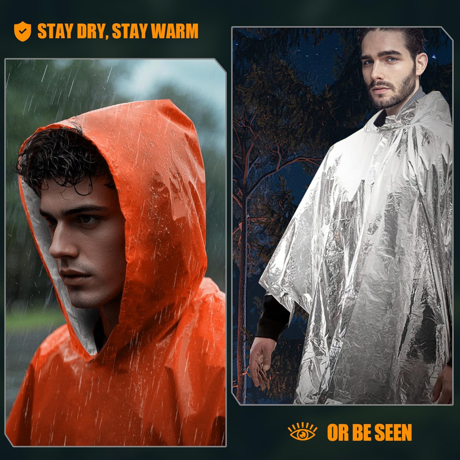 4 Pack Emergency Ponchos with Thickened Mylar Blanket Lining, Windproof, Wate…