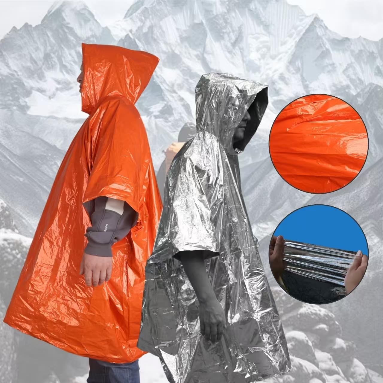 4-Pack Emergency Poncho Orange/Reflective Silver, Reversible Hood Windproof R…