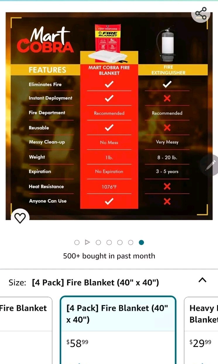Mart COBRA. 4 PACK FIRST RESPONSE FIRE BLANKET. 100% Fiberglass (40”x40”)