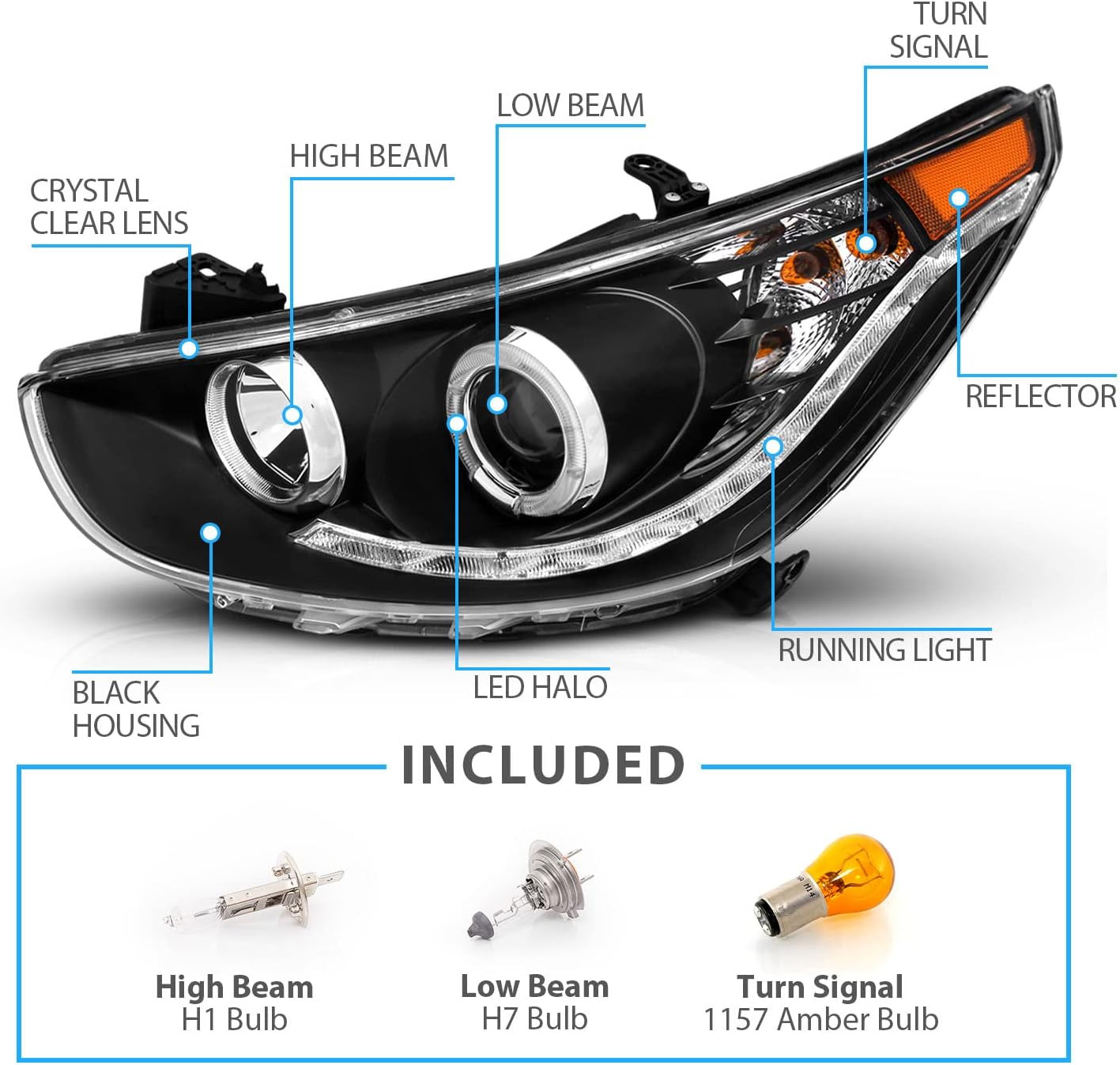 Black Projector Replacement Headlights LED Bar Halo Set for Hyundai Accent 4 Doo