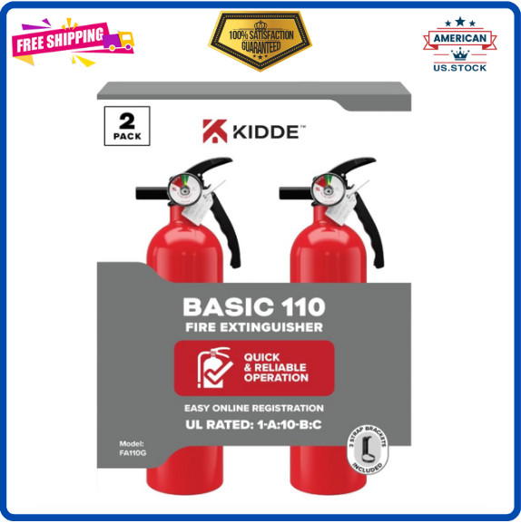 Kidde Fire Extinguisher, 1-A:10-B:C, Dry Chemical, 2-Pack, Red, Mounting Bracket
