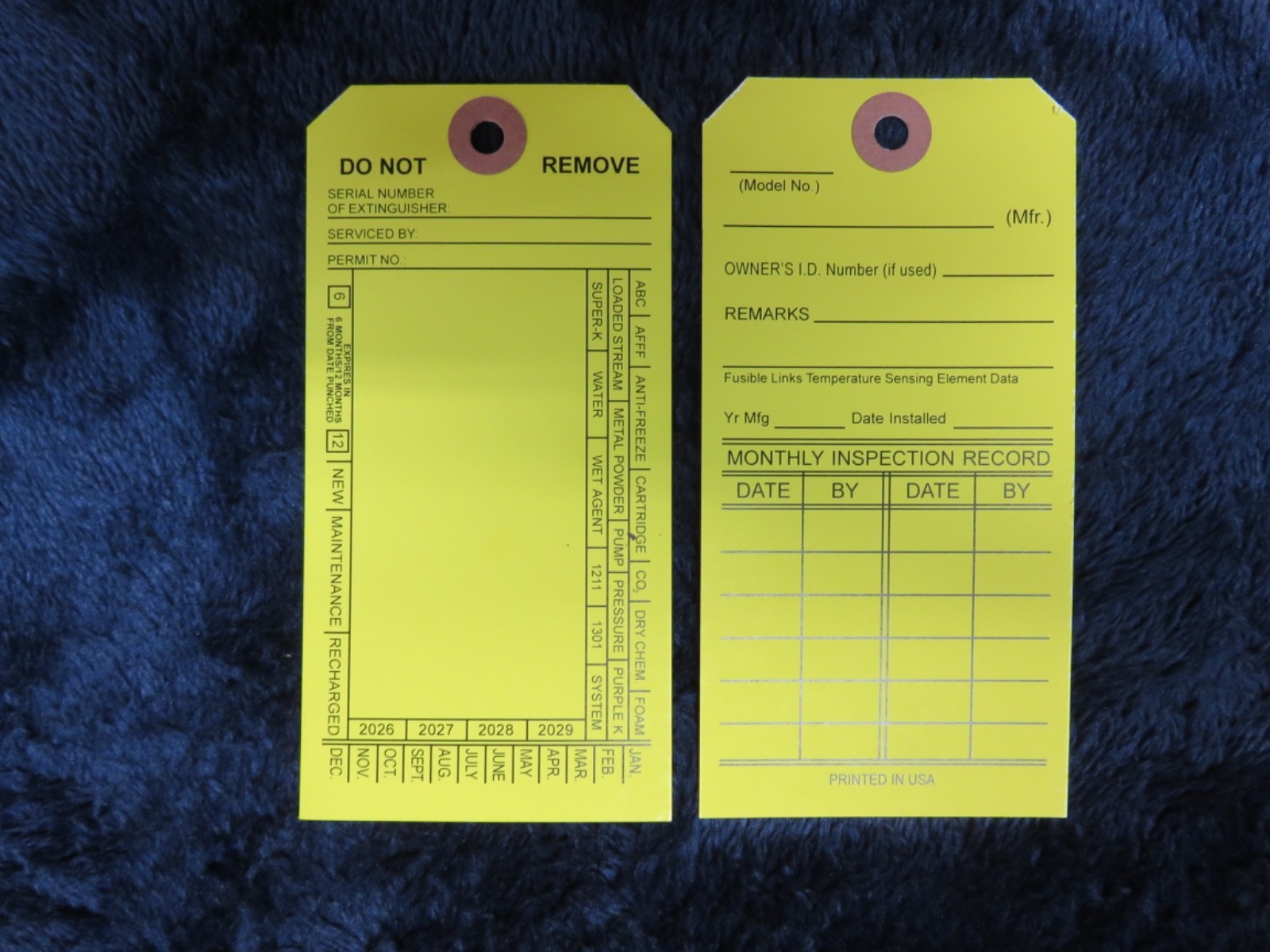 25-FIRE EXTINGUISHER 4-YEAR 2024-2027 INSPECTION Double Sided Tags 5 1/4″ X 2 ½”