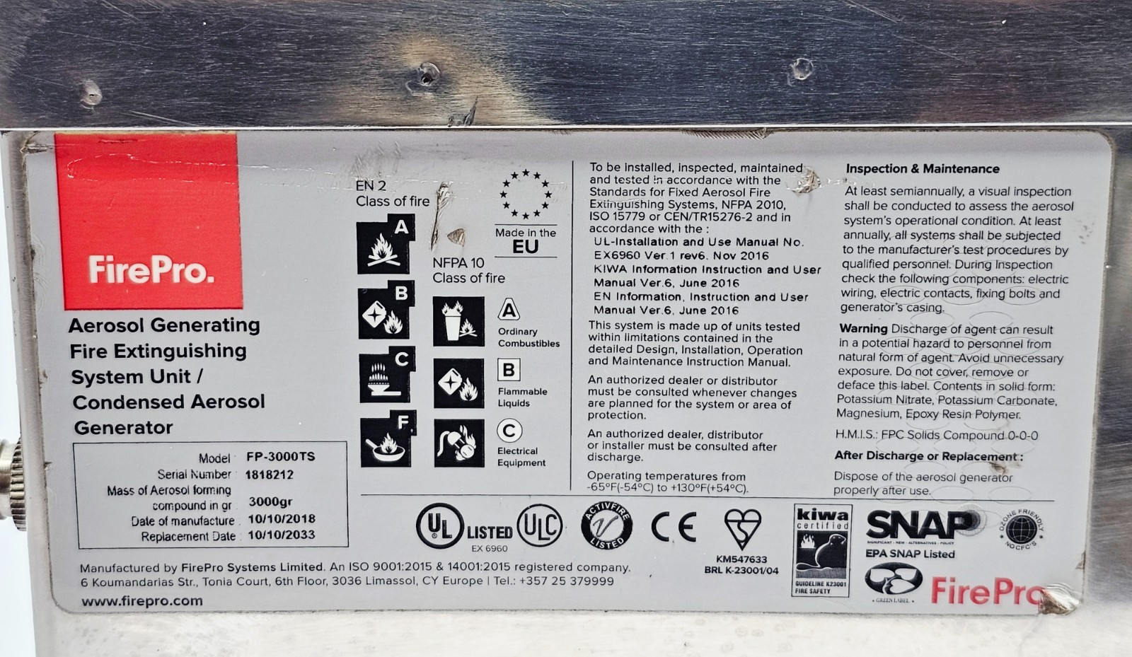 FirePro FP-3000TS Condensed Aerosol Fire Extinguishing Generator Stainless Steel