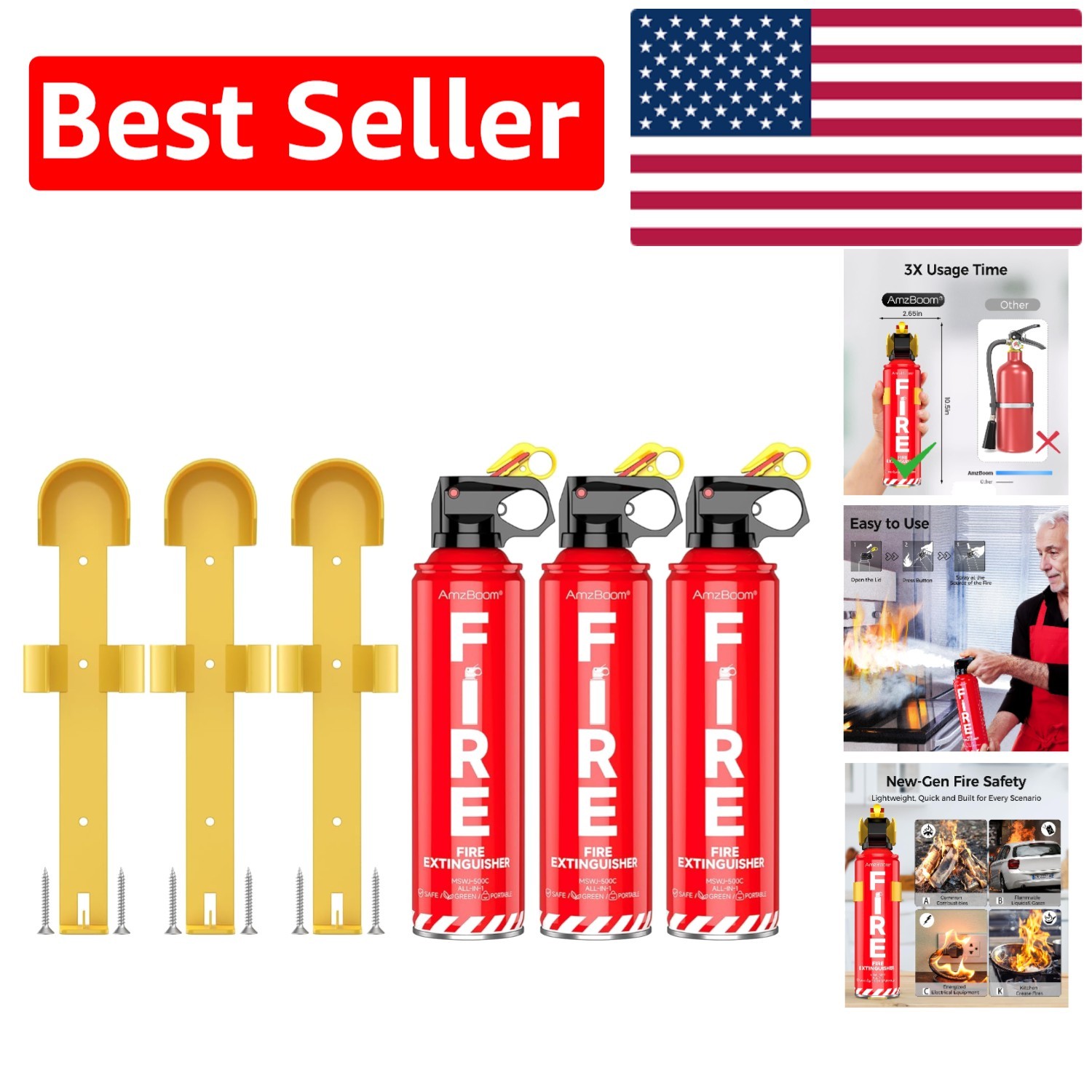Lightweight Fire Extinguisher Set with Mounting Brackets – 3 Pack for All Fires