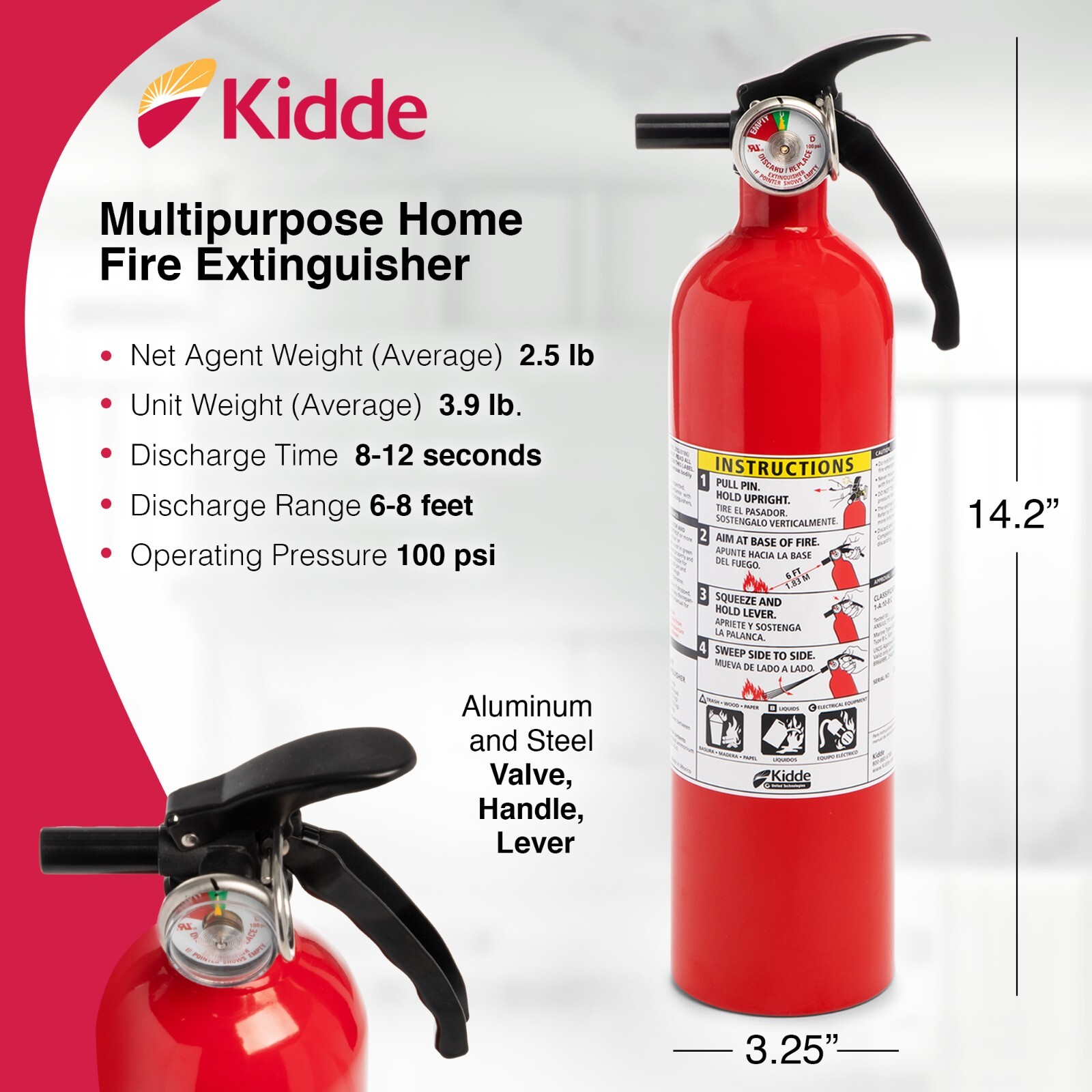Kidde Multipurpose Home Fire Extinguisher, UL Rated 1-A:10-B:C, Model KD82-110AB