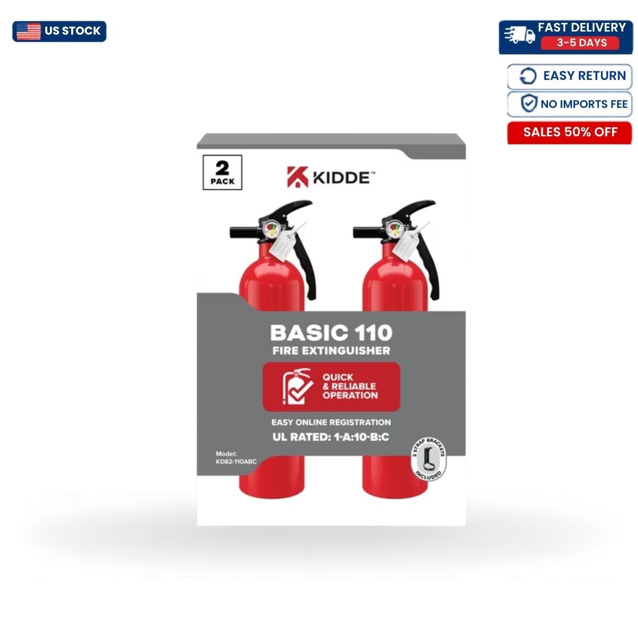 Kidde Basic 1A10BC Home Fire Extinguisher Red 2 Pack Brackets