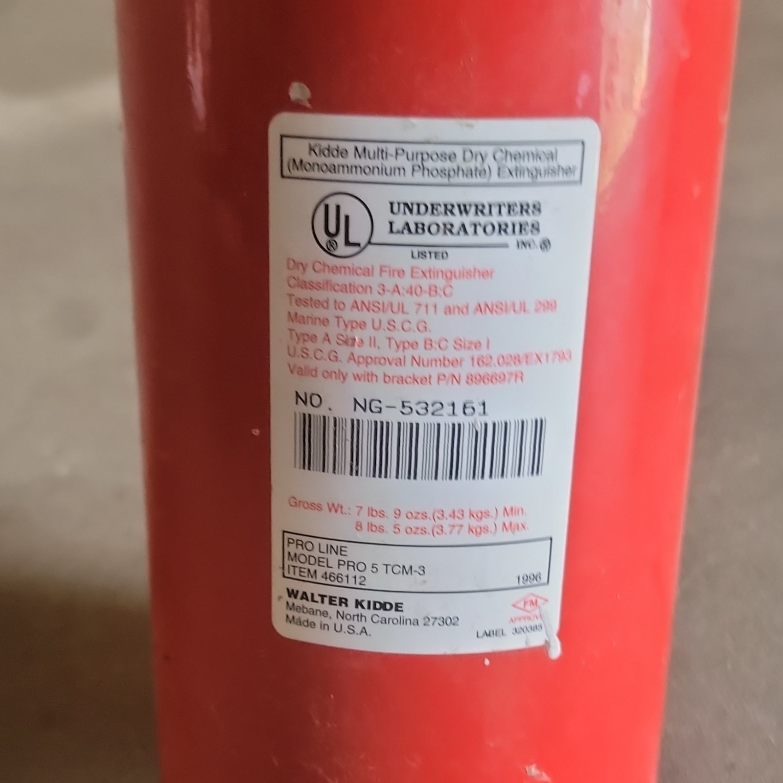 Kidde PRO 5 TCM-3 Multi-Purpose Dry Chemical Fire Extinguisher