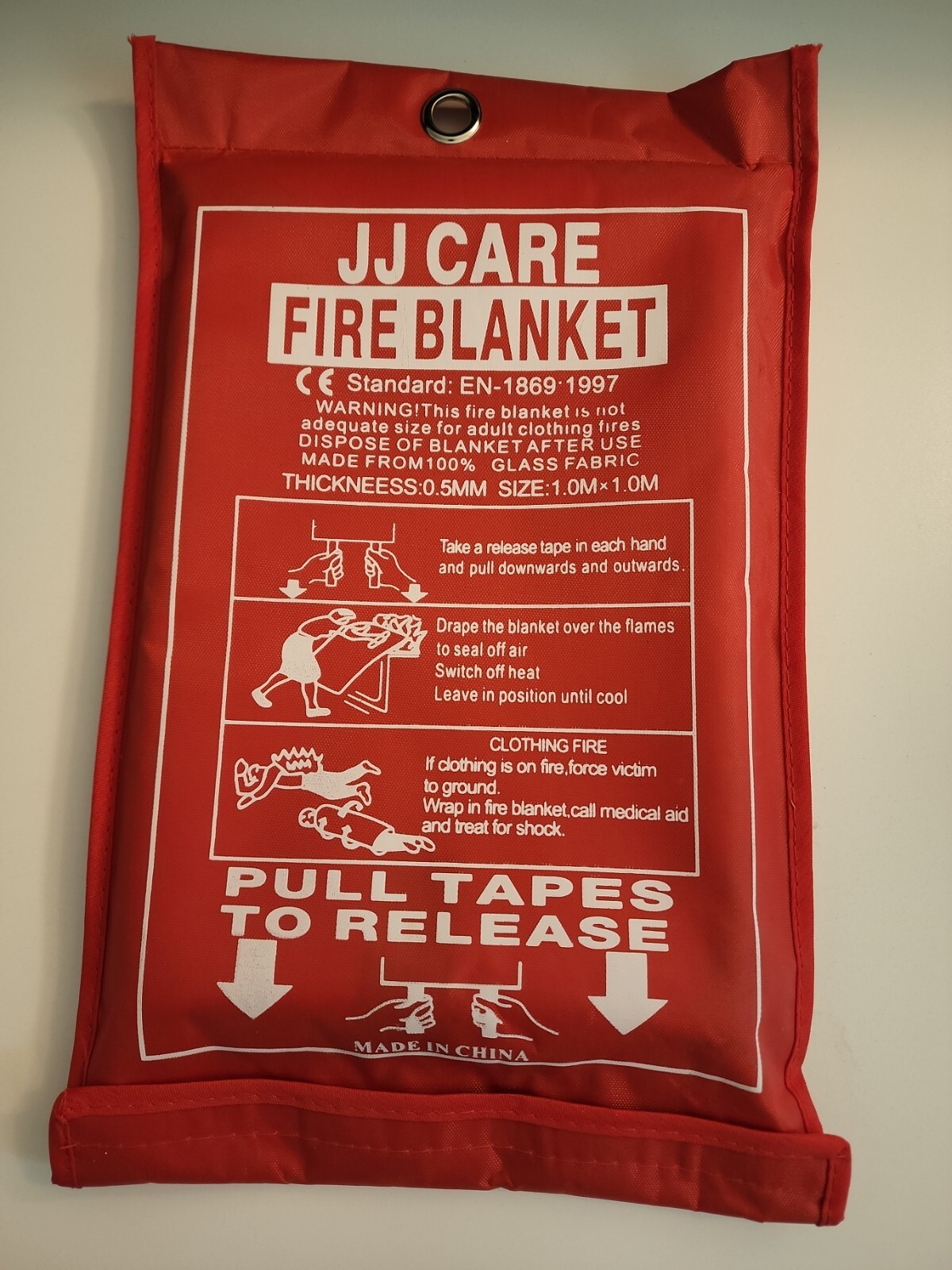 Fire Blanket EN-1869 1997, size 1x1m made from 100% glass fabric. JJ Care. NEW