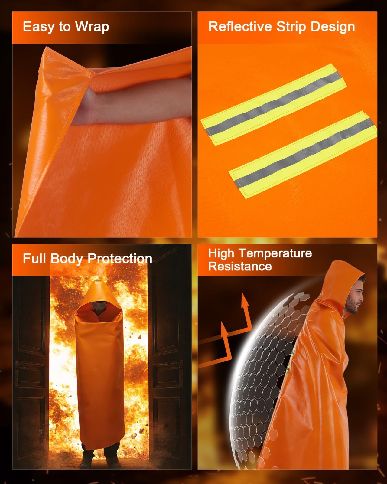 Fireproof Emergency Cloak with Hood – 1076°F Heat Resistant Poncho, XL Silicone