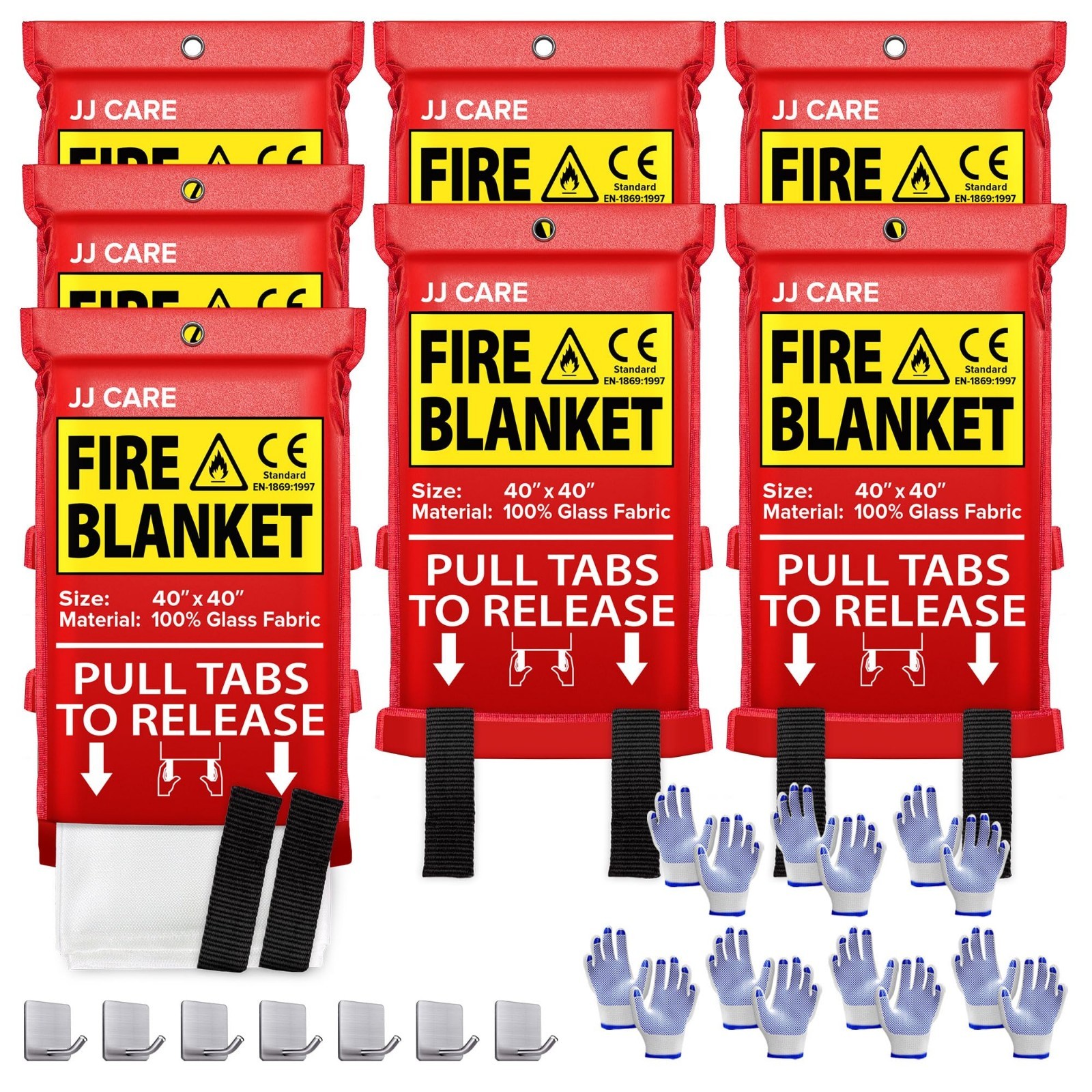 Fire Blanket 7 Pack with Hooks & Gloves – 40″x40″ Emergency Heat Resistant Safet