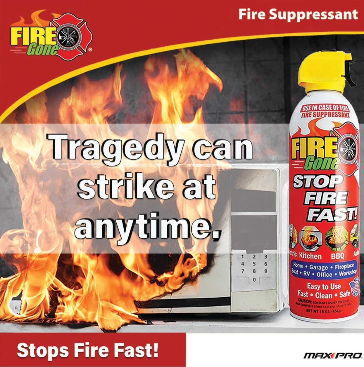 (4 pack) Fire Gone 16 oz Fire Extinguishing Spray – Aerosol Can -FFF-Foaming Age