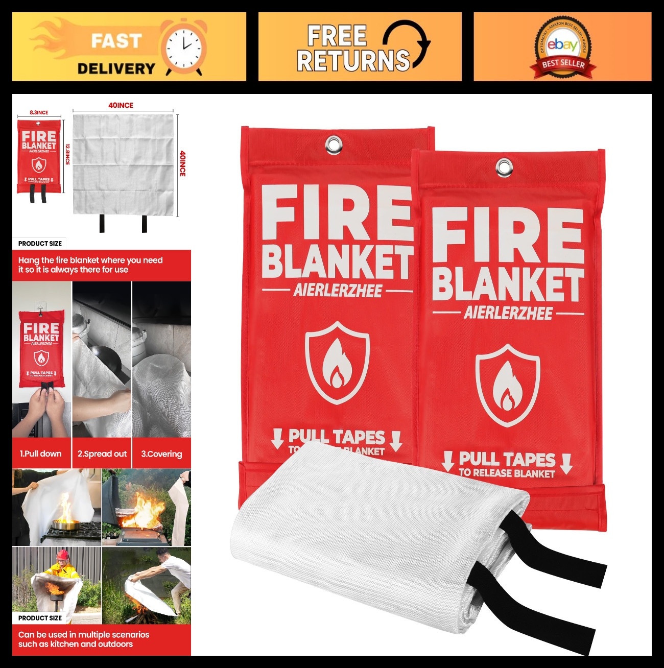 Fire Blanket 2 Pack 40″x40″ – CE Certified Fiberglass, Heat Resistant 1076°F – K
