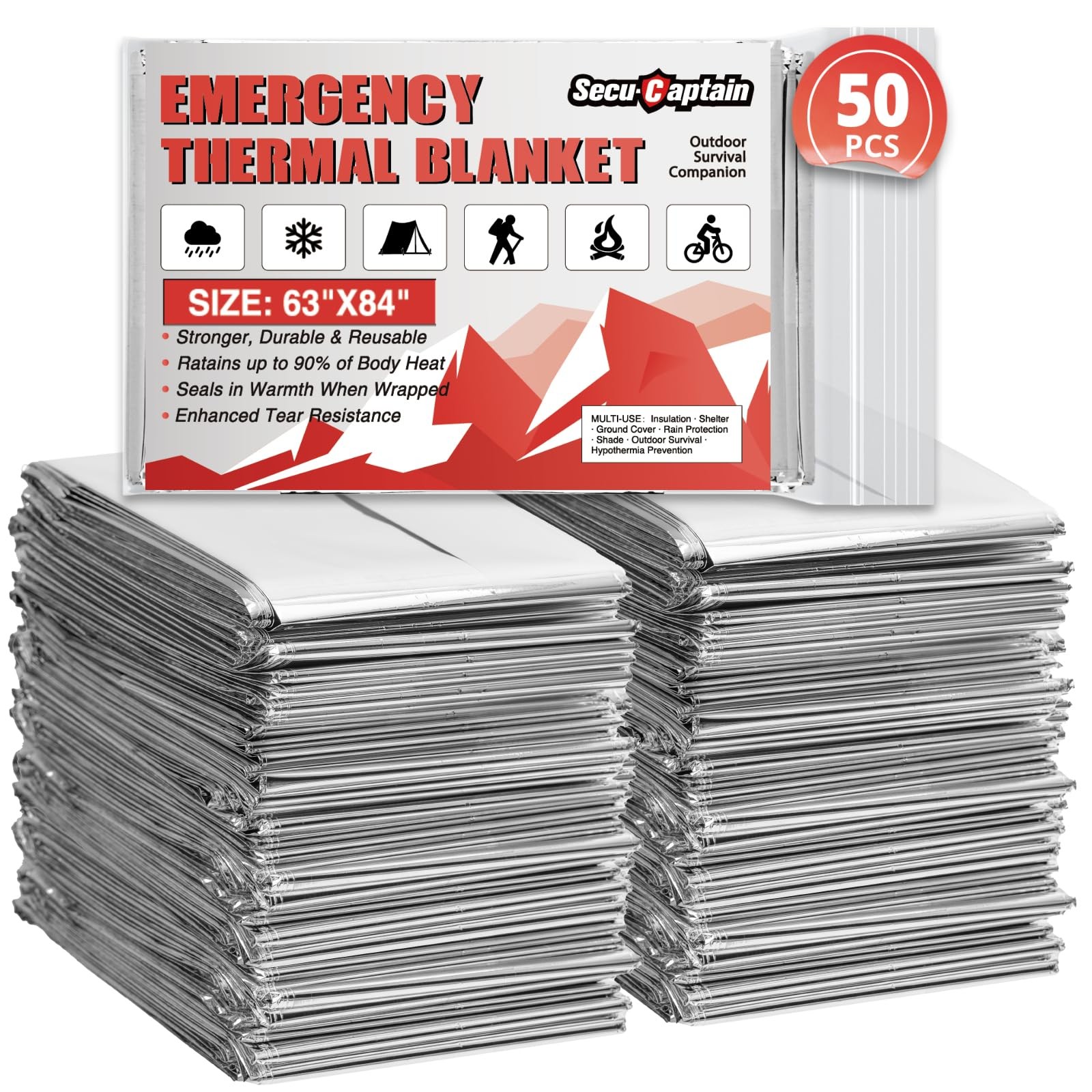 Survival Emergency Thermal Blankets: 50 Pack Extra Large 84” x63” Space Mylar…