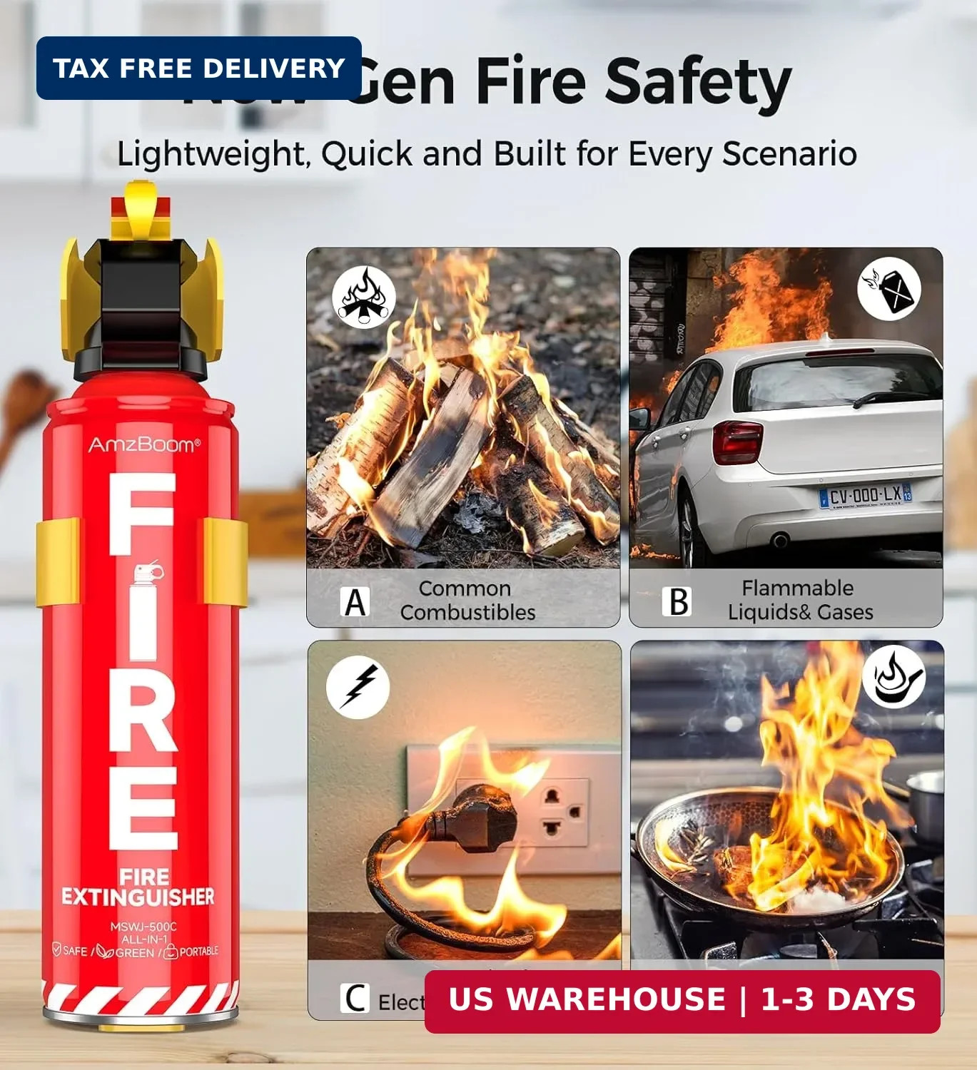 AmzBoom 2-Pack Fire Extinguisher Kit,Compact ABCK Spray for Home, Kitchen, Car,