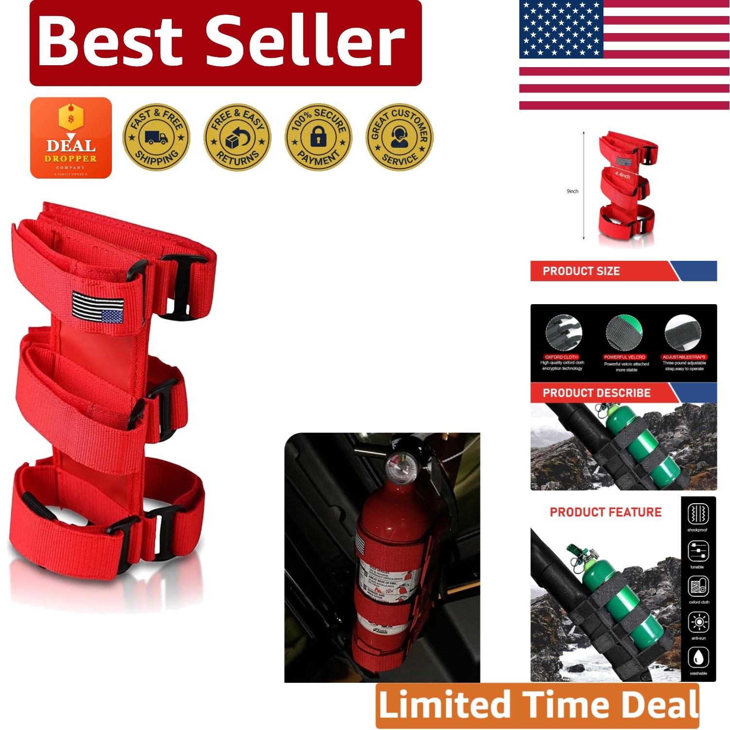American Flag Fire Extinguisher Holder for Jeep Wrangler & Gladiator | 1965-2022