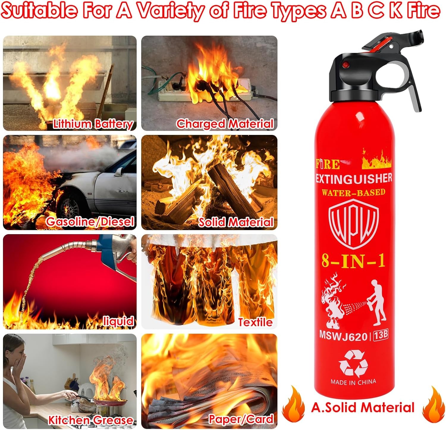 WPW 620ml Large Upgraded 8-in-1 Fire Extinguisher for Home with Wall Mount Porta