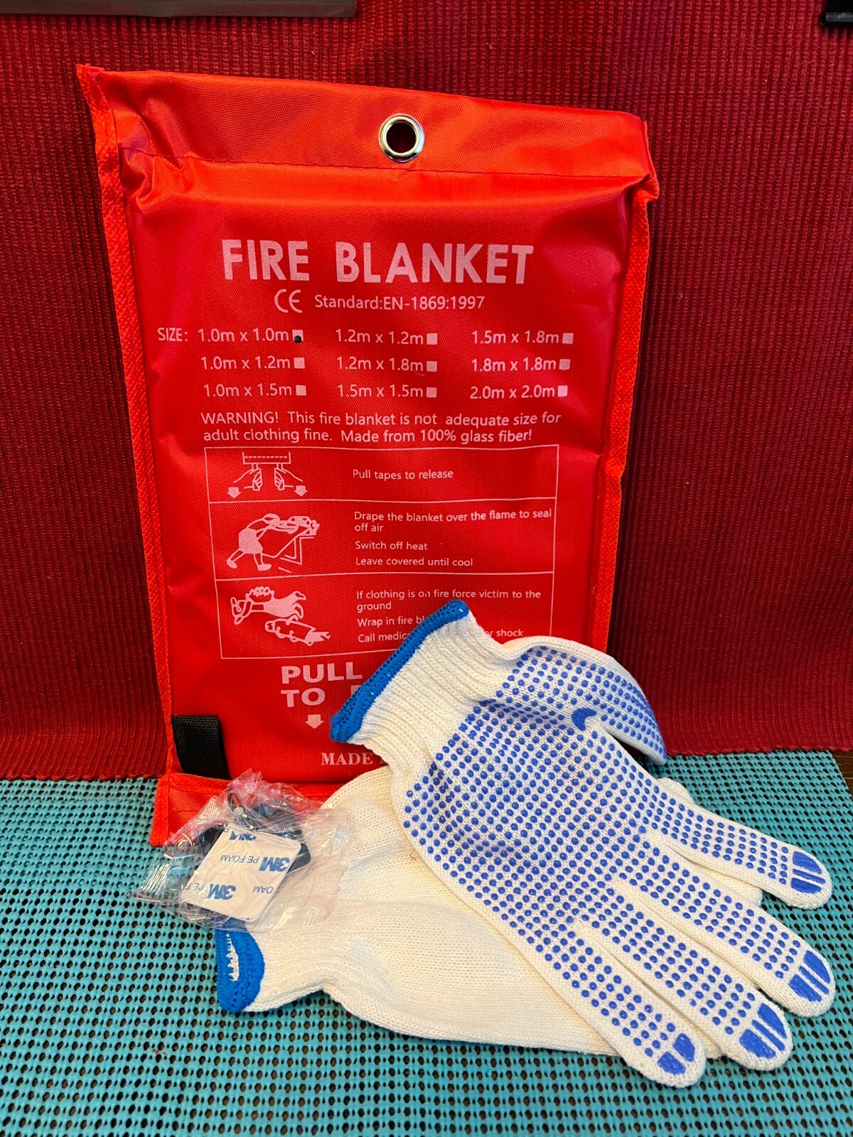 TWO (2) Emergency Fire Blankets with Hooks and Gloves ( 39″ X 39″ / 1m x 1m )
