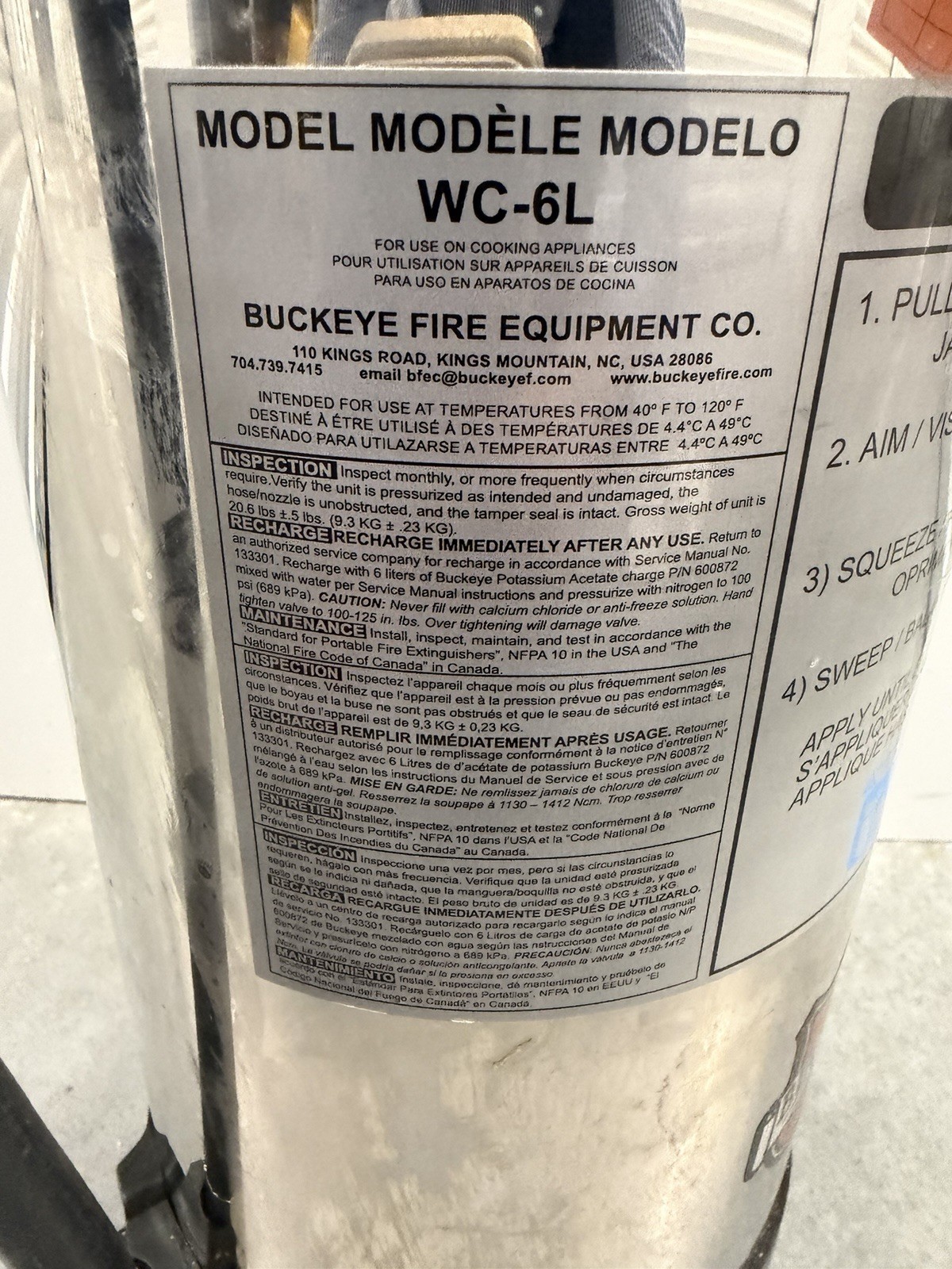 Model WC-6L Buckeye Fire Extinguisher Inspected Just Over 1 Year Ago