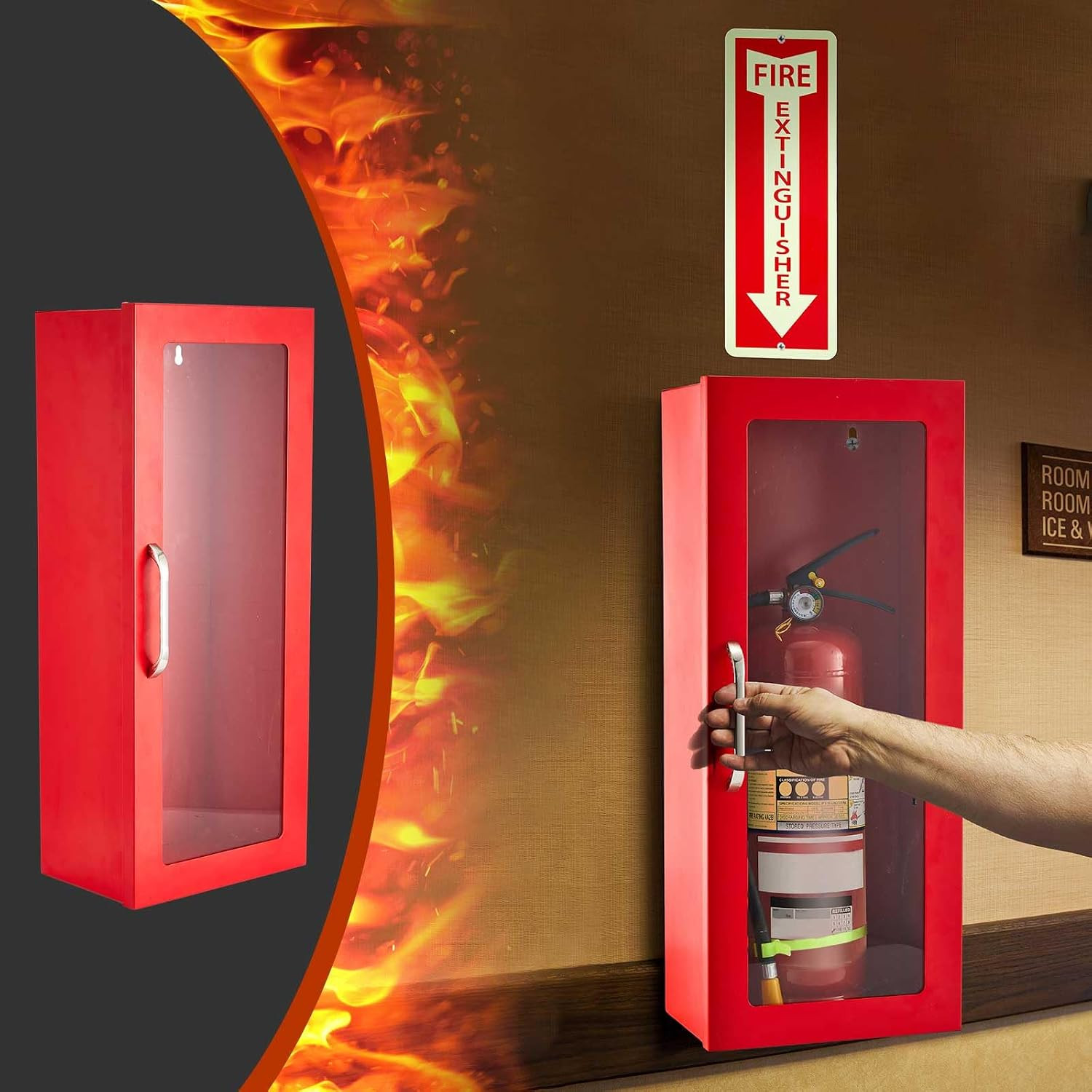 10 Lb Fire Extinguisher Cabinet with Reflective Sign, Wall & Surface Mount Fire