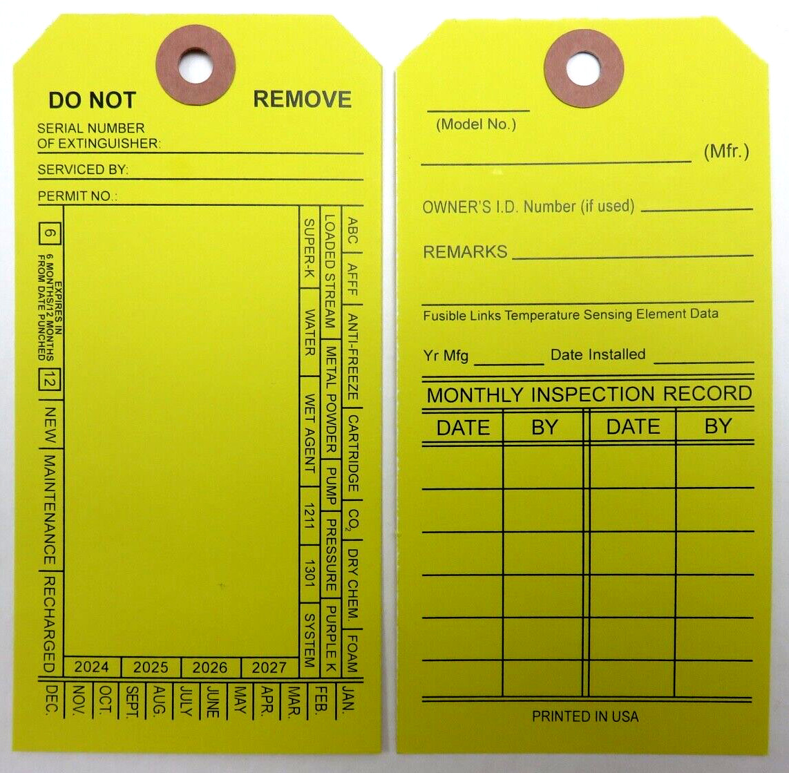 1-FIRE EXTINGUISHER 4-YEAR 2024-2027 INSPECTION Double Sided Tag 5 1/4″ X 2 ½”