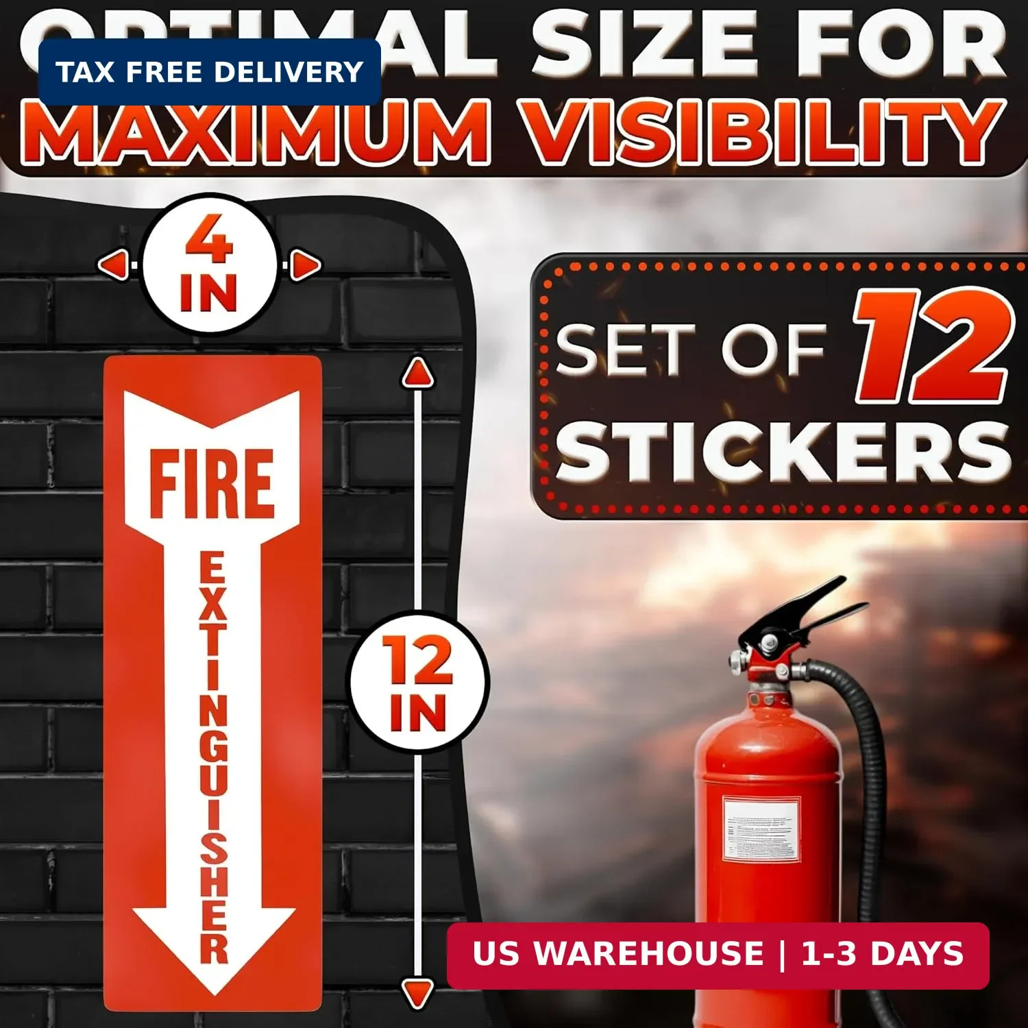 12 Pack High Visibility Fire Extinguisher Signs – 4×11.8″ Fire Extinguisher Stic