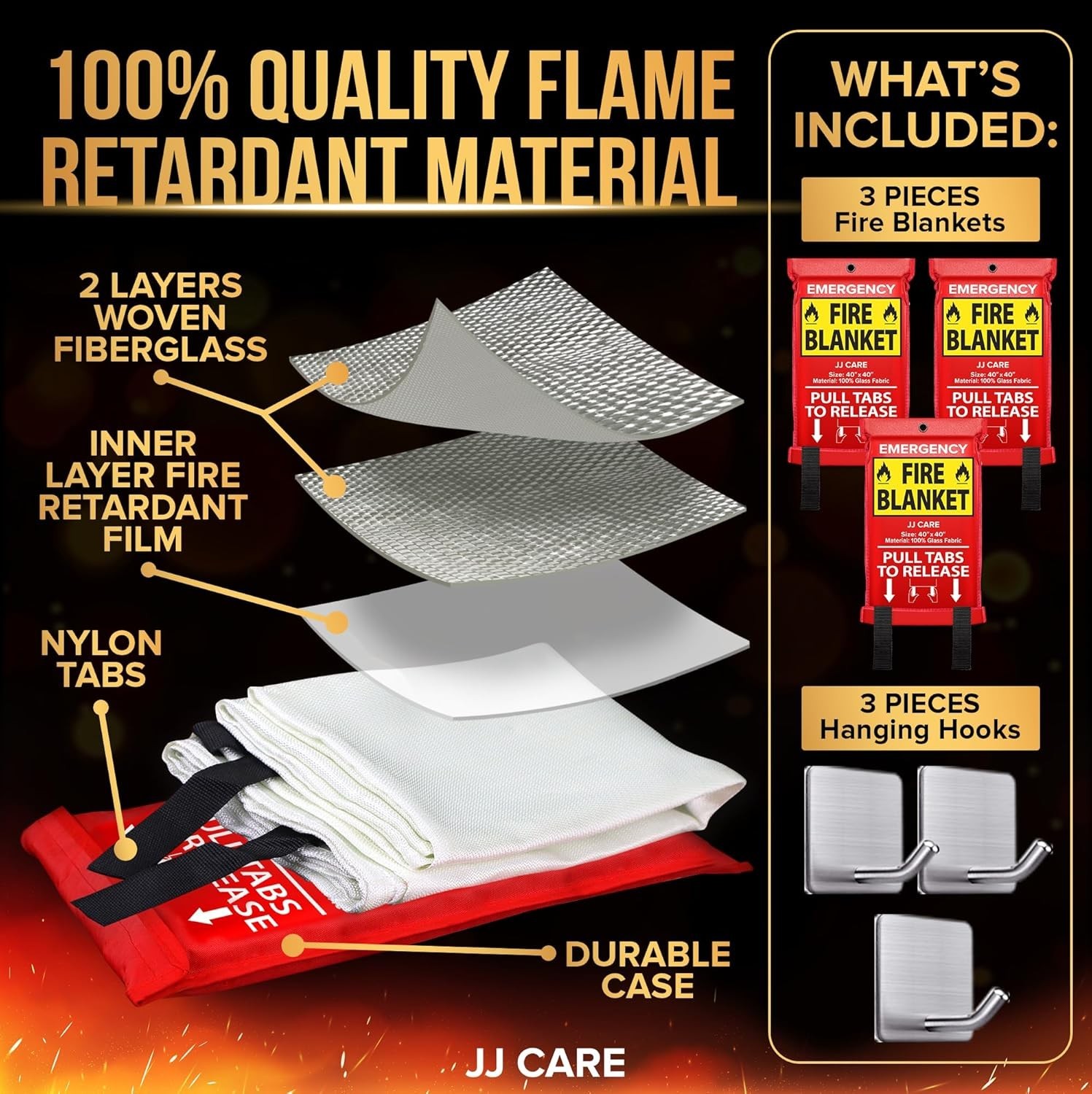 Fire Blanket Set 3 Packs with Hooks 40 Inch Fireproof Fire Safety for Home